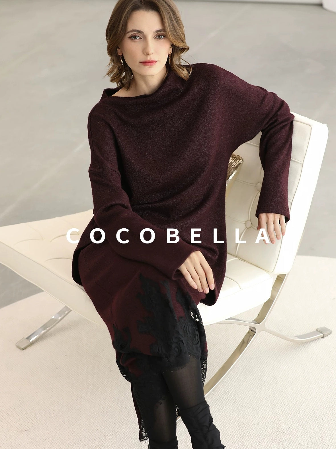 COCOBELLA Shimmer Lurex Loose Fit Boat Neck Office Knit Long Sleeve Women Sweater