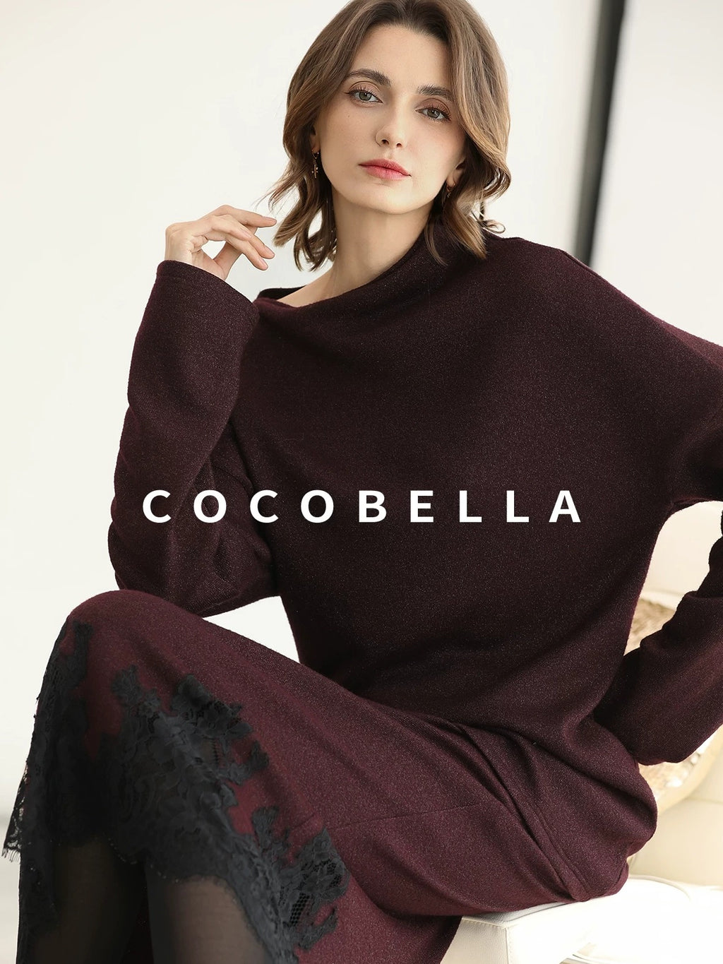 COCOBELLA Shimmer Lurex Loose Fit Boat Neck Office Knit Long Sleeve Women Sweater