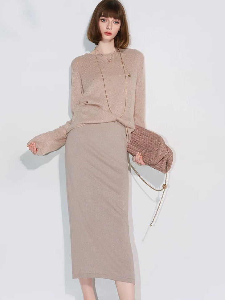 COCOBELLA Shimmer Mid Waist Slim H Line Cotton Knit Casual City Commute Women Skirts