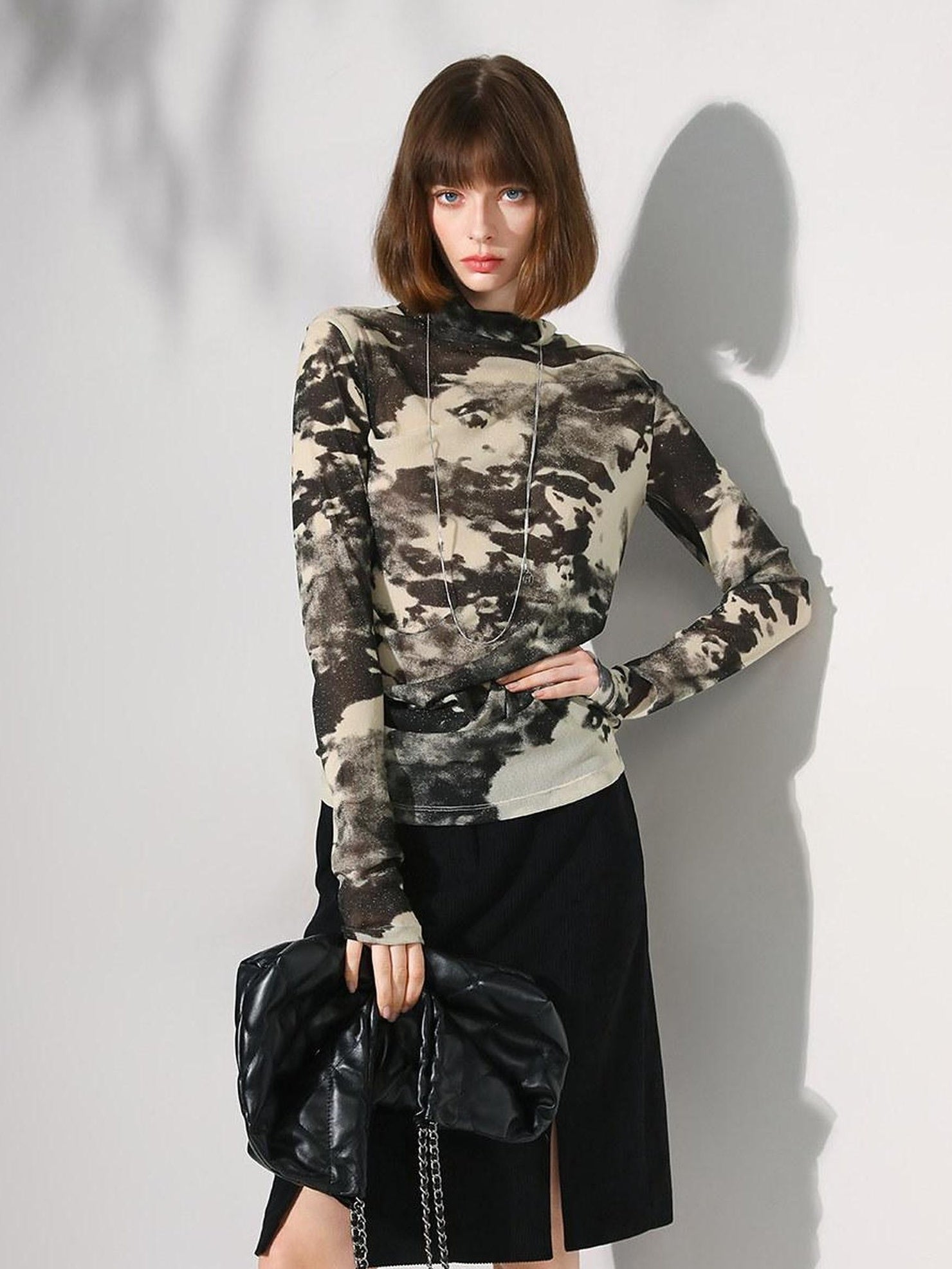 COCOBELLA Shimmer Print Slim Fit Turtleneck Long Sleeve Office Commute Shirts