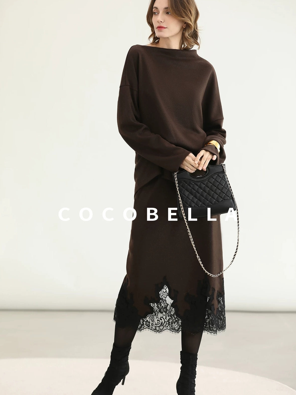 COCOBELLA Shimmer Pullover Relaxed Fit Boat Neck Office Women Mocha Viscose Blend Sweater