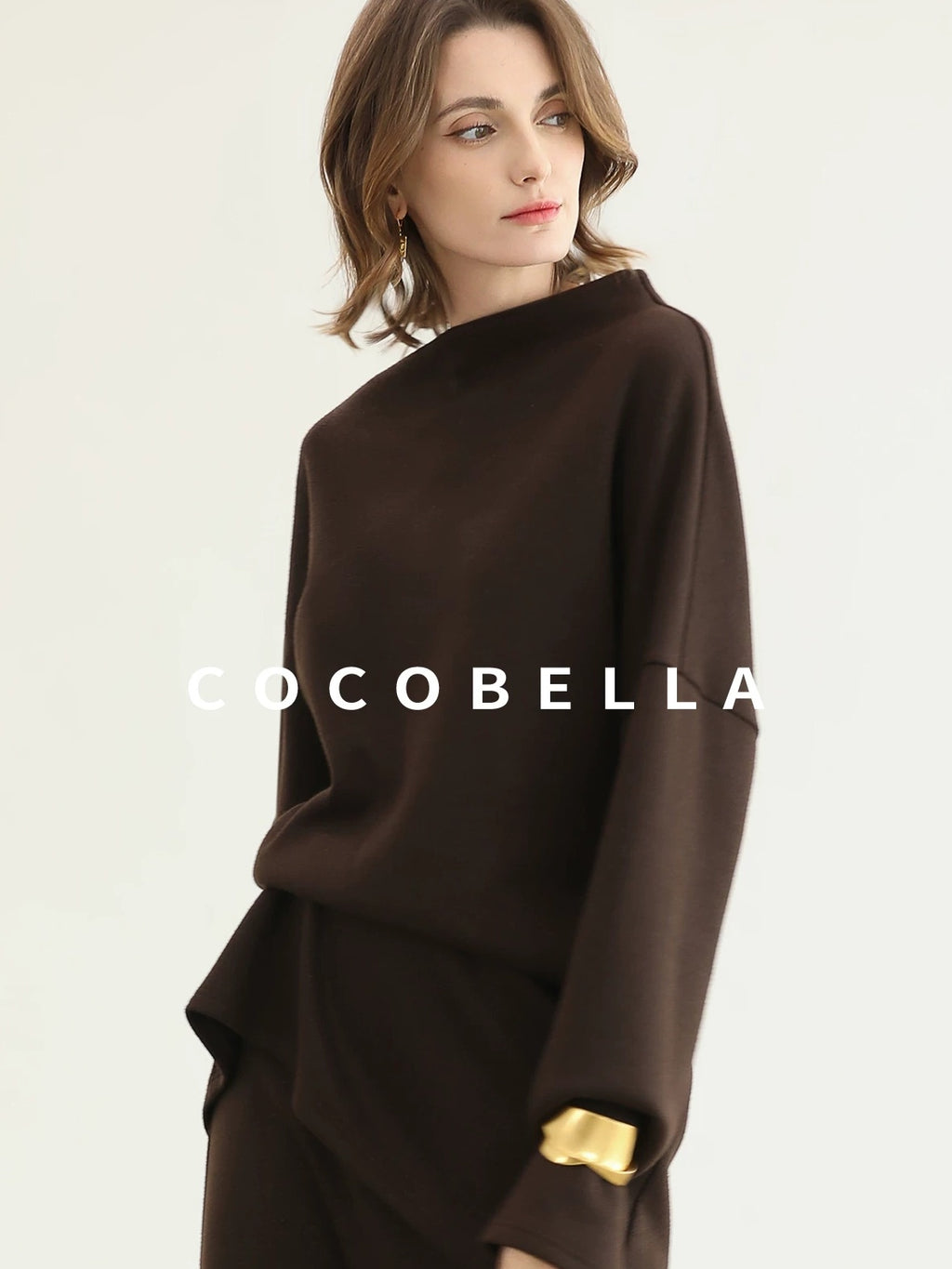 COCOBELLA Shimmer Pullover Relaxed Fit Boat Neck Office Women Mocha Viscose Blend Sweater