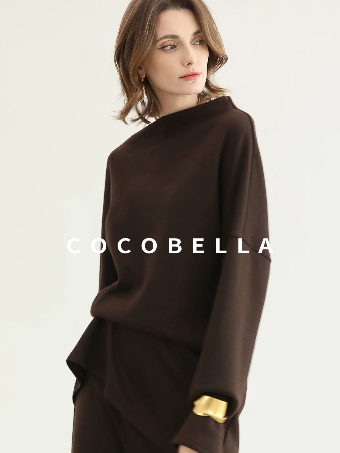 COCOBELLA Shimmer Pullover Relaxed Fit Boat Neck Office Women Mocha Viscose Blend Sweater