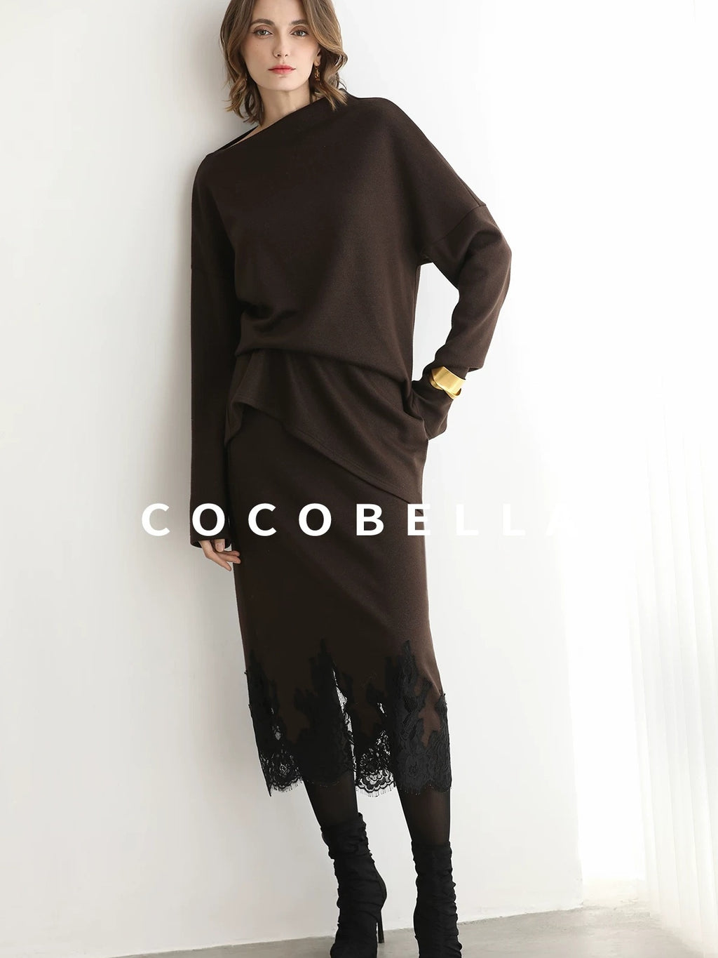 COCOBELLA Shimmer Pullover Relaxed Fit Boat Neck Office Women Mocha Viscose Blend Sweater