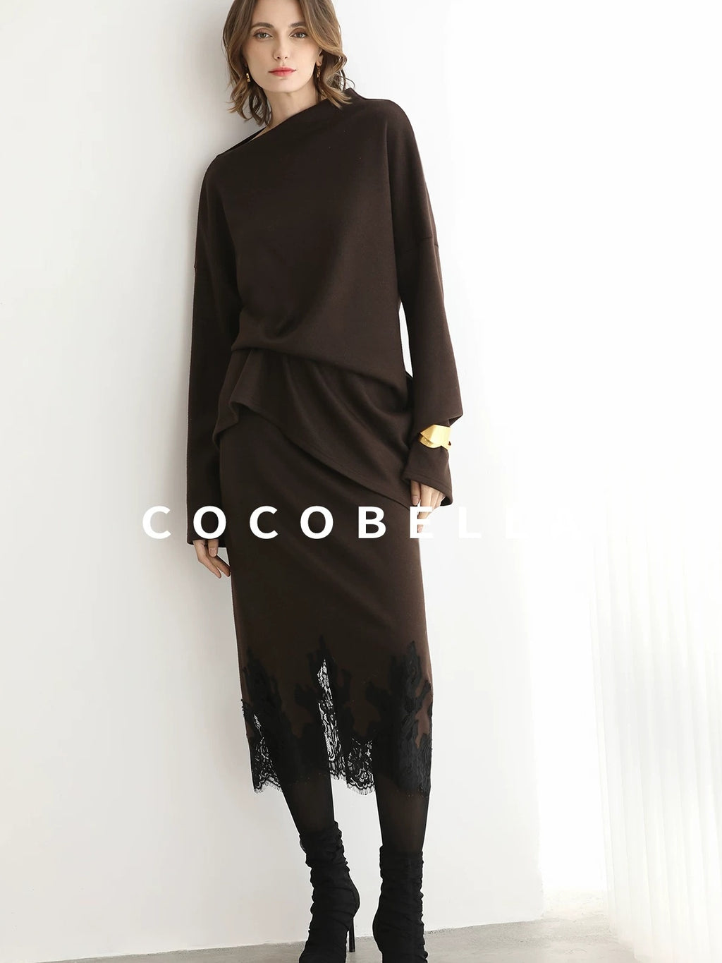 COCOBELLA Shimmer Pullover Relaxed Fit Boat Neck Office Women Mocha Viscose Blend Sweater