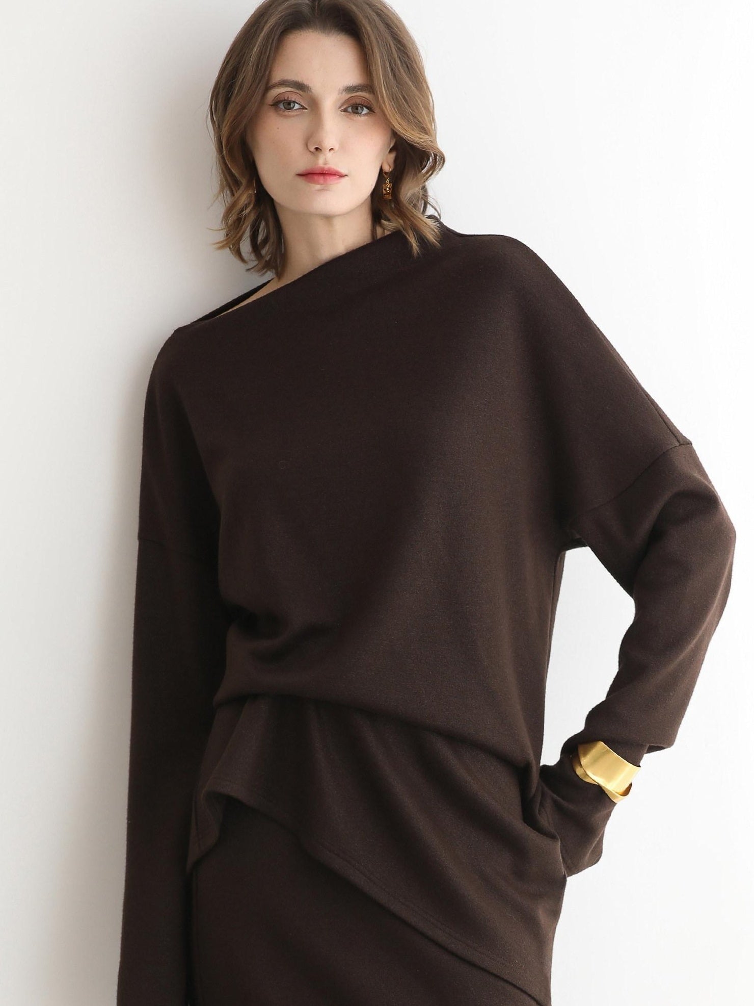 COCOBELLA Shimmer Pullover Relaxed Fit Boat Neck Office Women Mocha Viscose Blend Sweater