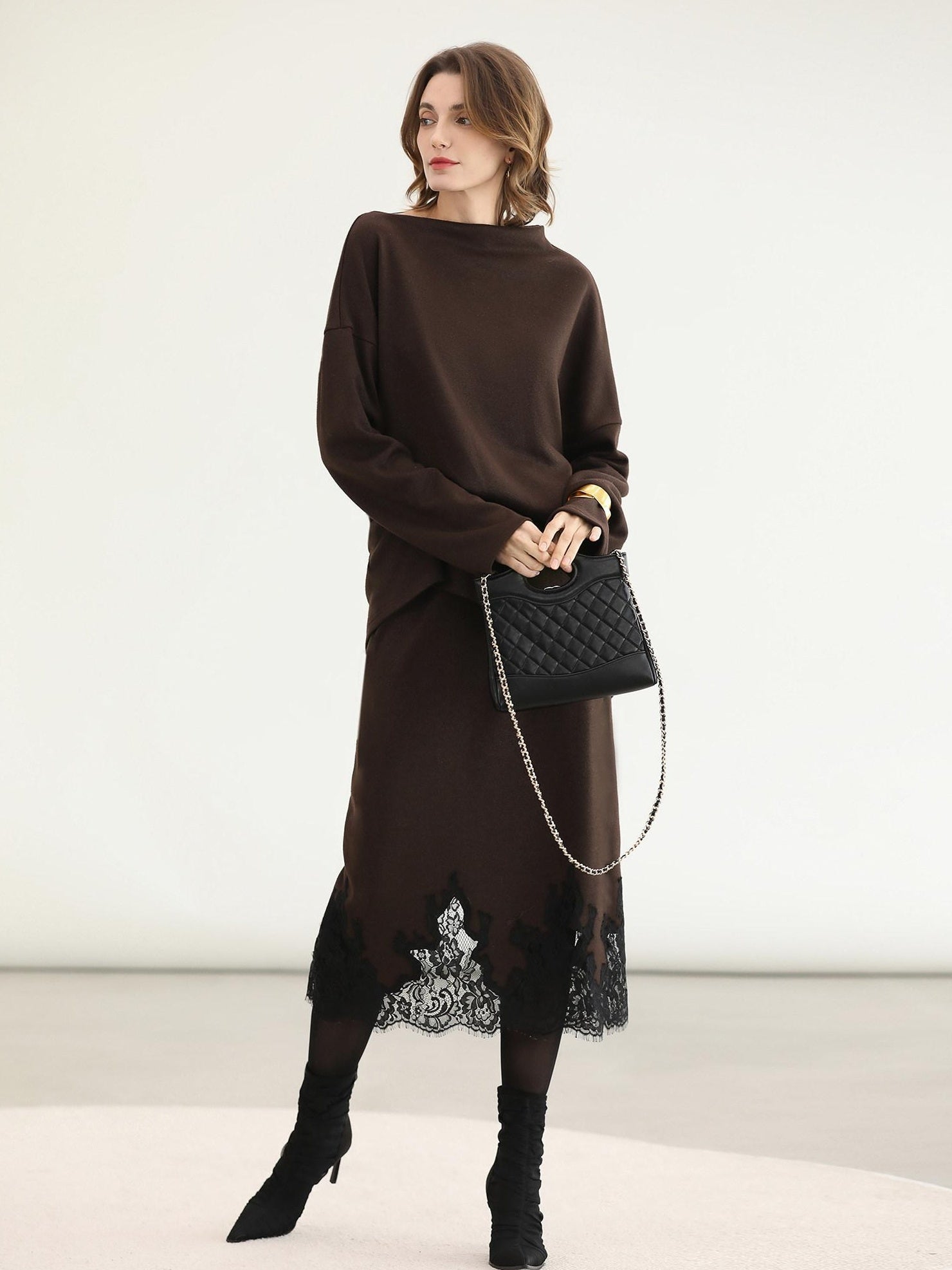 COCOBELLA Shimmer Pullover Relaxed Fit Boat Neck Office Women Mocha Viscose Blend Sweater