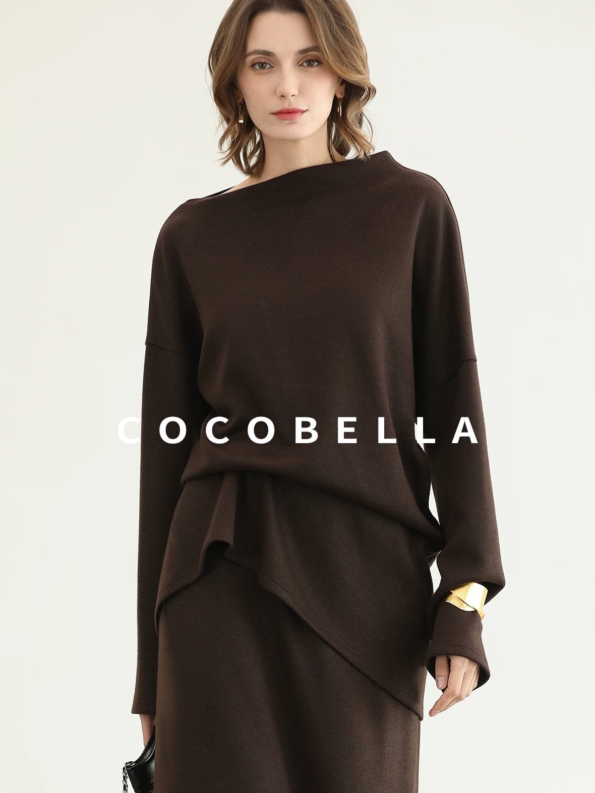 COCOBELLA Shimmer Pullover Relaxed Fit Boat Neck Office Women Mocha Viscose Blend Sweater