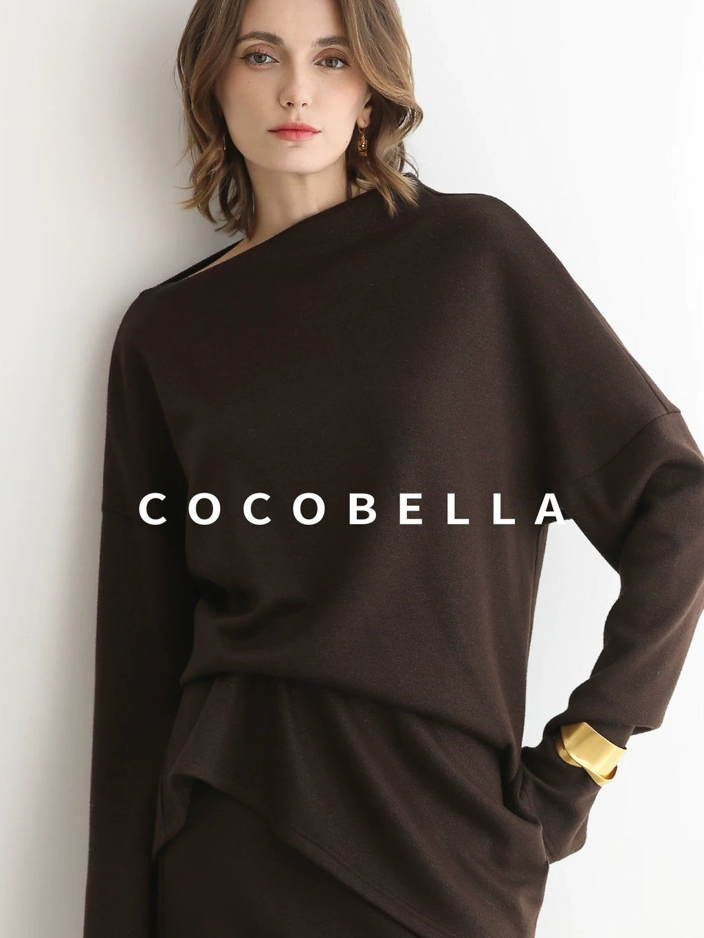 COCOBELLA Shimmer Pullover Relaxed Fit Boat Neck Office Women Mocha Viscose Blend Sweater