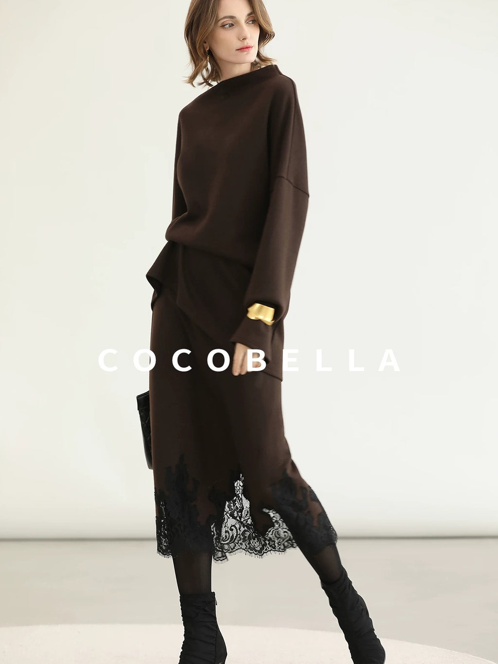 COCOBELLA Shimmer Pullover Relaxed Fit Boat Neck Office Women Mocha Viscose Blend Sweater