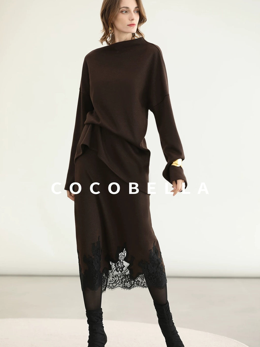 COCOBELLA Shimmer Pullover Relaxed Fit Boat Neck Office Women Mocha Viscose Blend Sweater