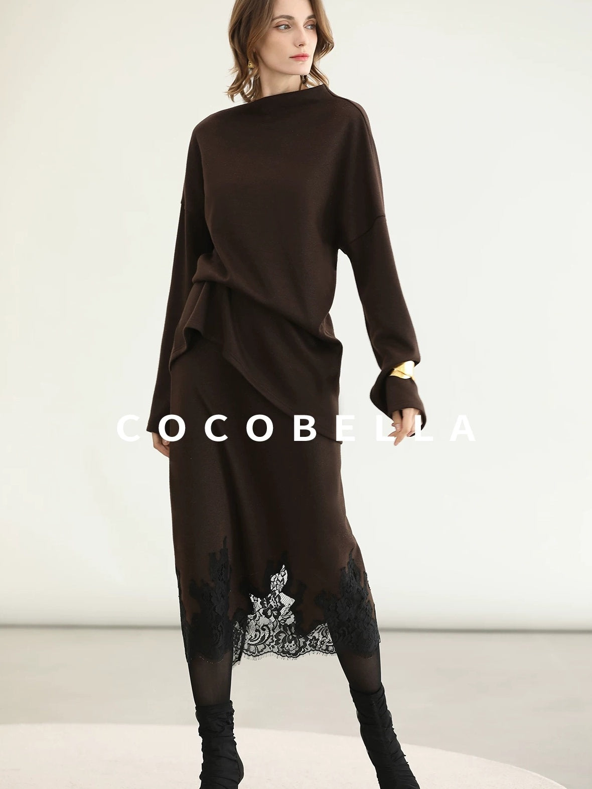 COCOBELLA Shimmer Pullover Relaxed Fit Boat Neck Office Women Mocha Viscose Blend Sweater