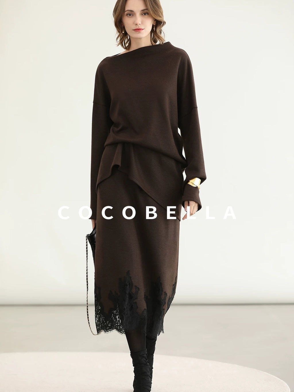 COCOBELLA Shimmer Pullover Relaxed Fit Boat Neck Office Women Mocha Viscose Blend Sweater