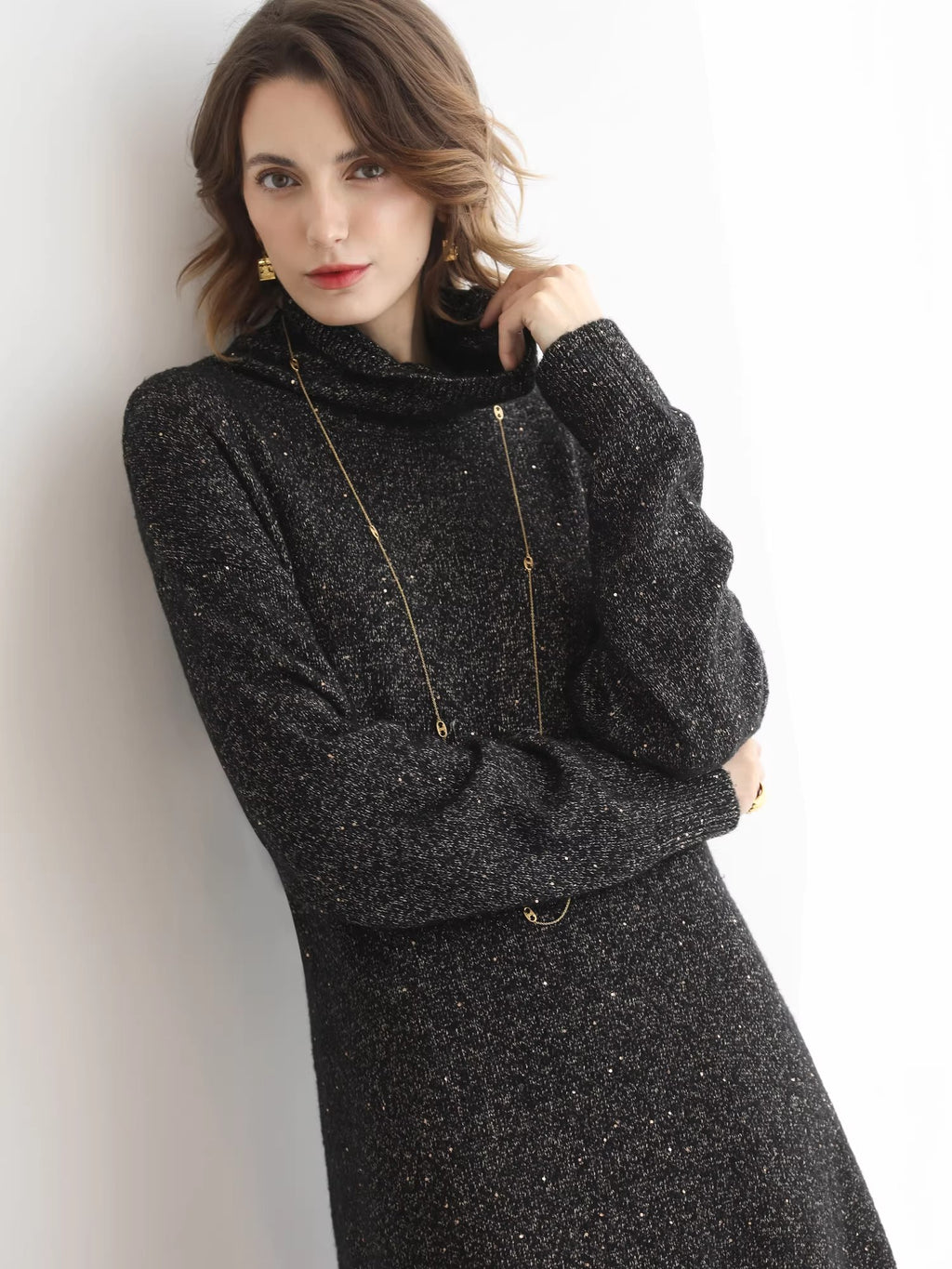 COCOBELLA_Shimmer_Ribbed_High_Neck_H_Line_Natural_Waist_Office_Knit_Dresses_MISSTT