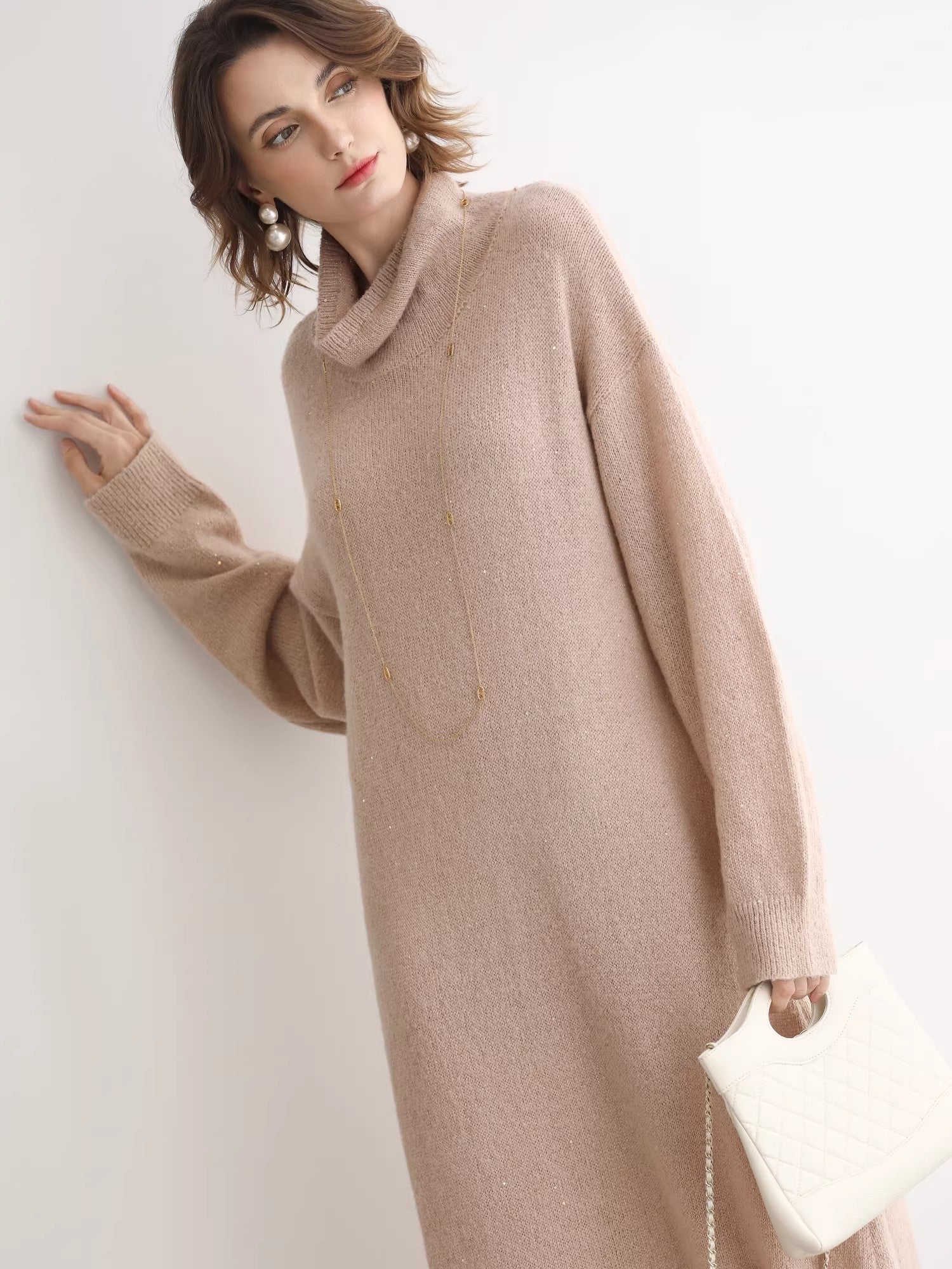 COCOBELLA_Shimmer_Ribbed_High_Neck_H_Line_Natural_Waist_Office_Knit_Dresses_MISSTT