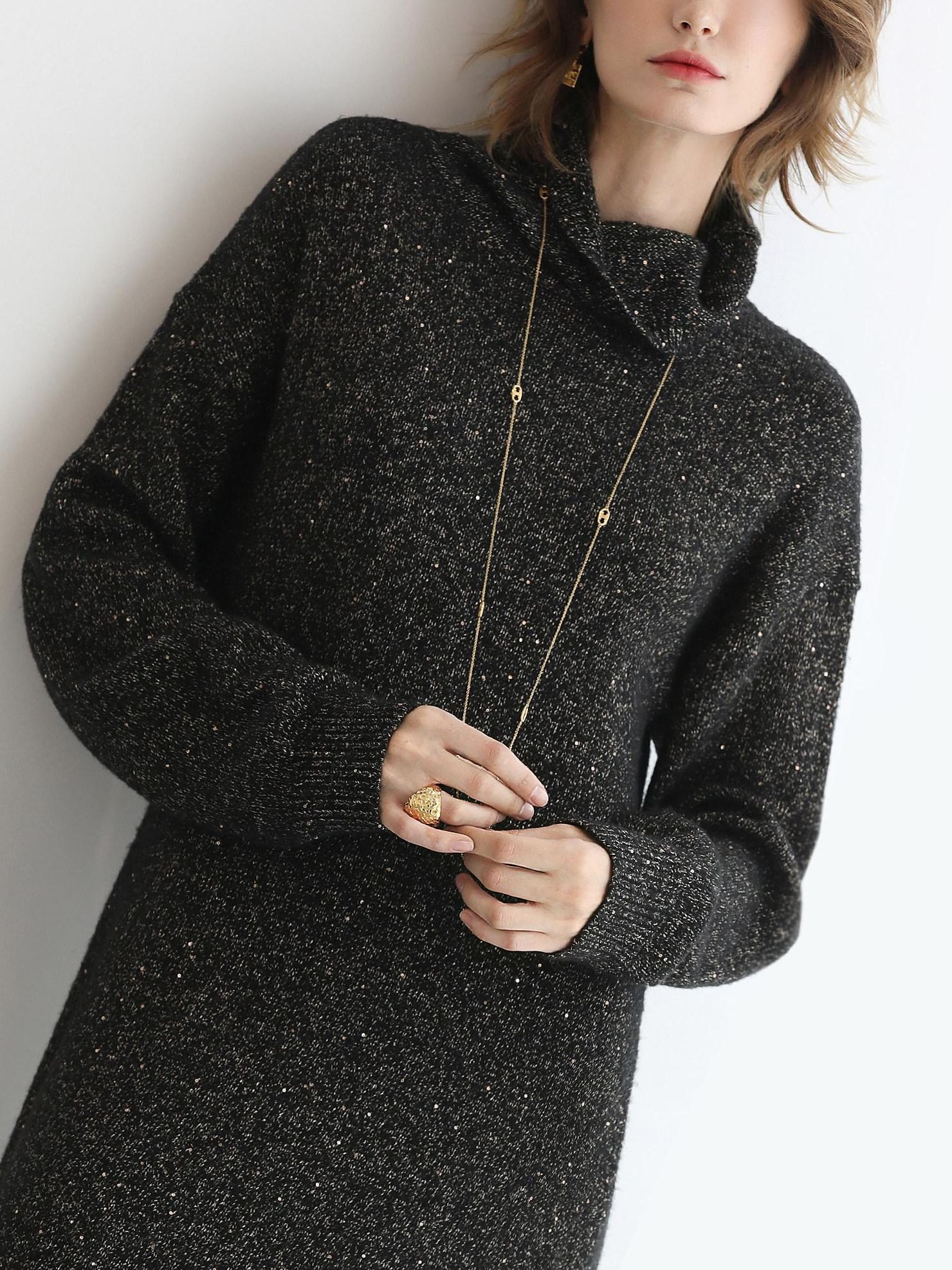 COCOBELLA Shimmer Ribbed High Neck H Line Natural Waist Office Knit Dresses