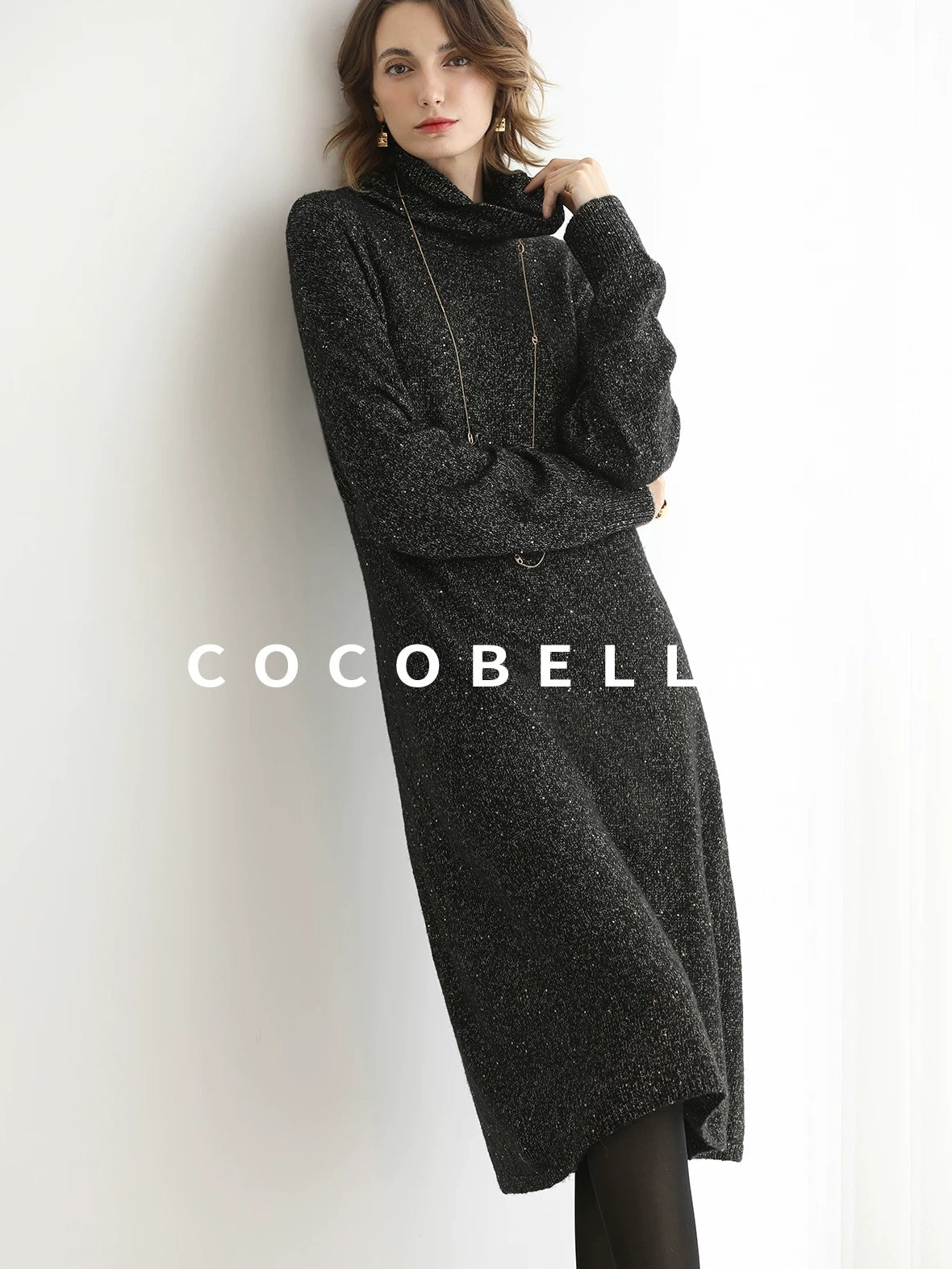 COCOBELLA Shimmer Ribbed High Neck H Line Natural Waist Office Knit Dresses