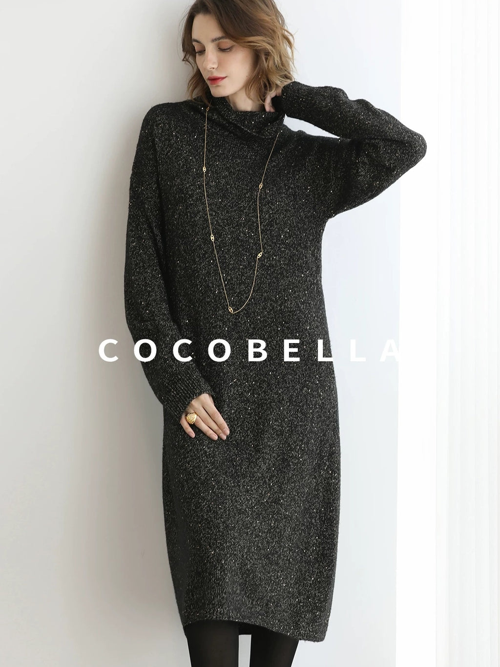 COCOBELLA Shimmer Ribbed High Neck H Line Natural Waist Office Knit Dresses