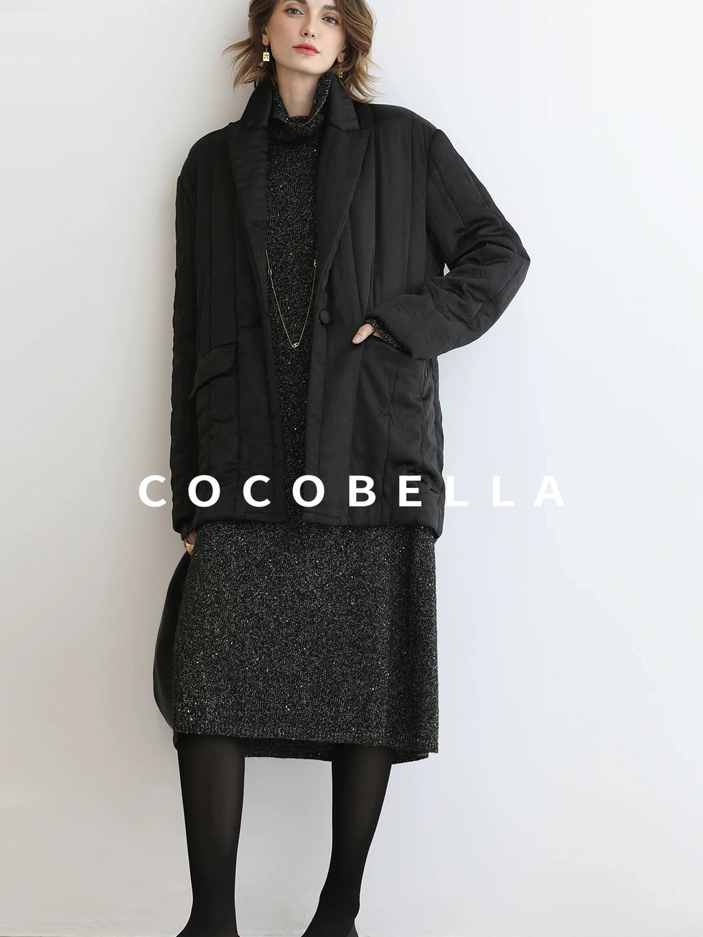 COCOBELLA Shimmer Ribbed High Neck H Line Natural Waist Office Knit Dresses