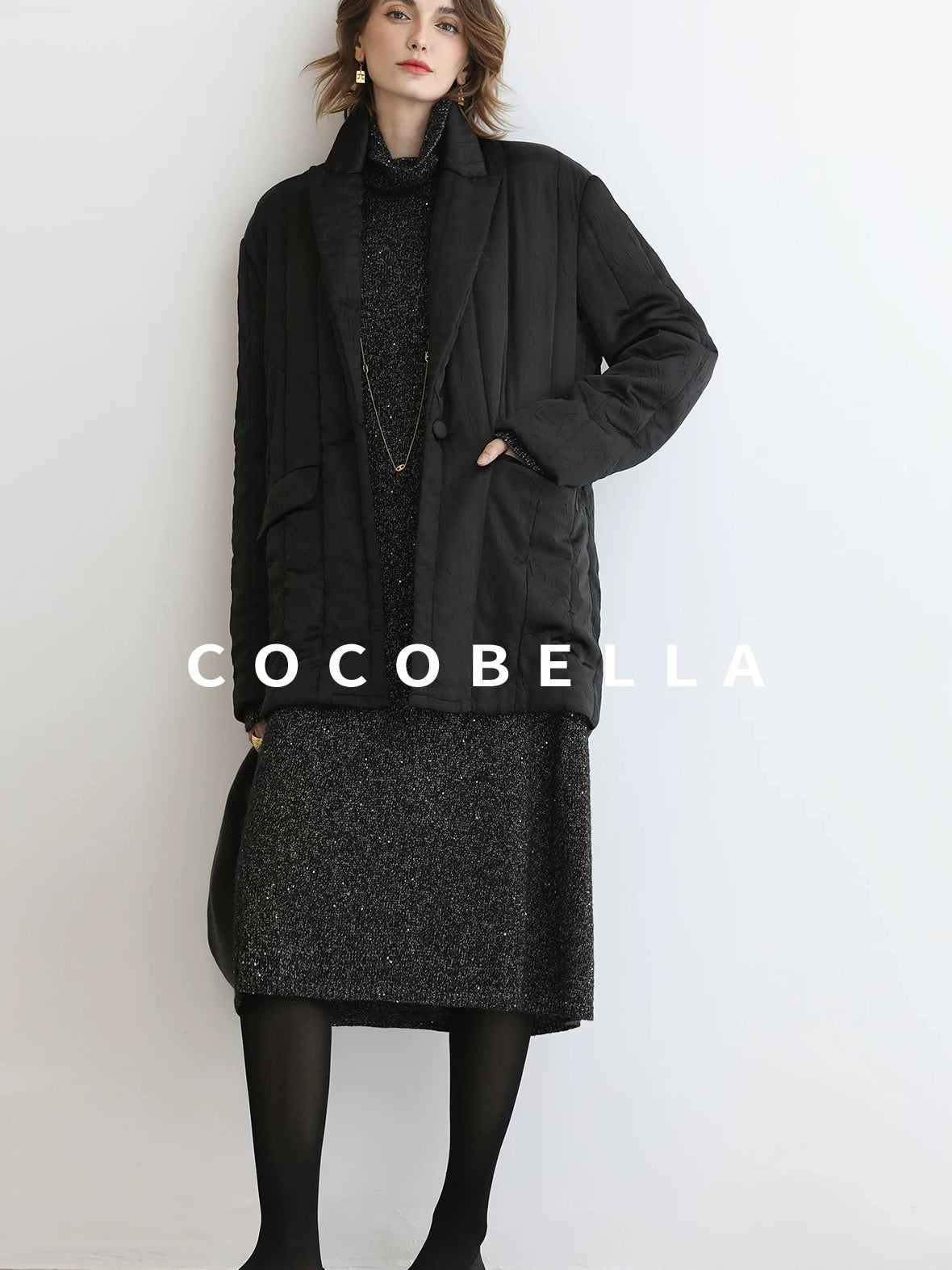 COCOBELLA Shimmer Ribbed High Neck H Line Natural Waist Office Knit Dresses