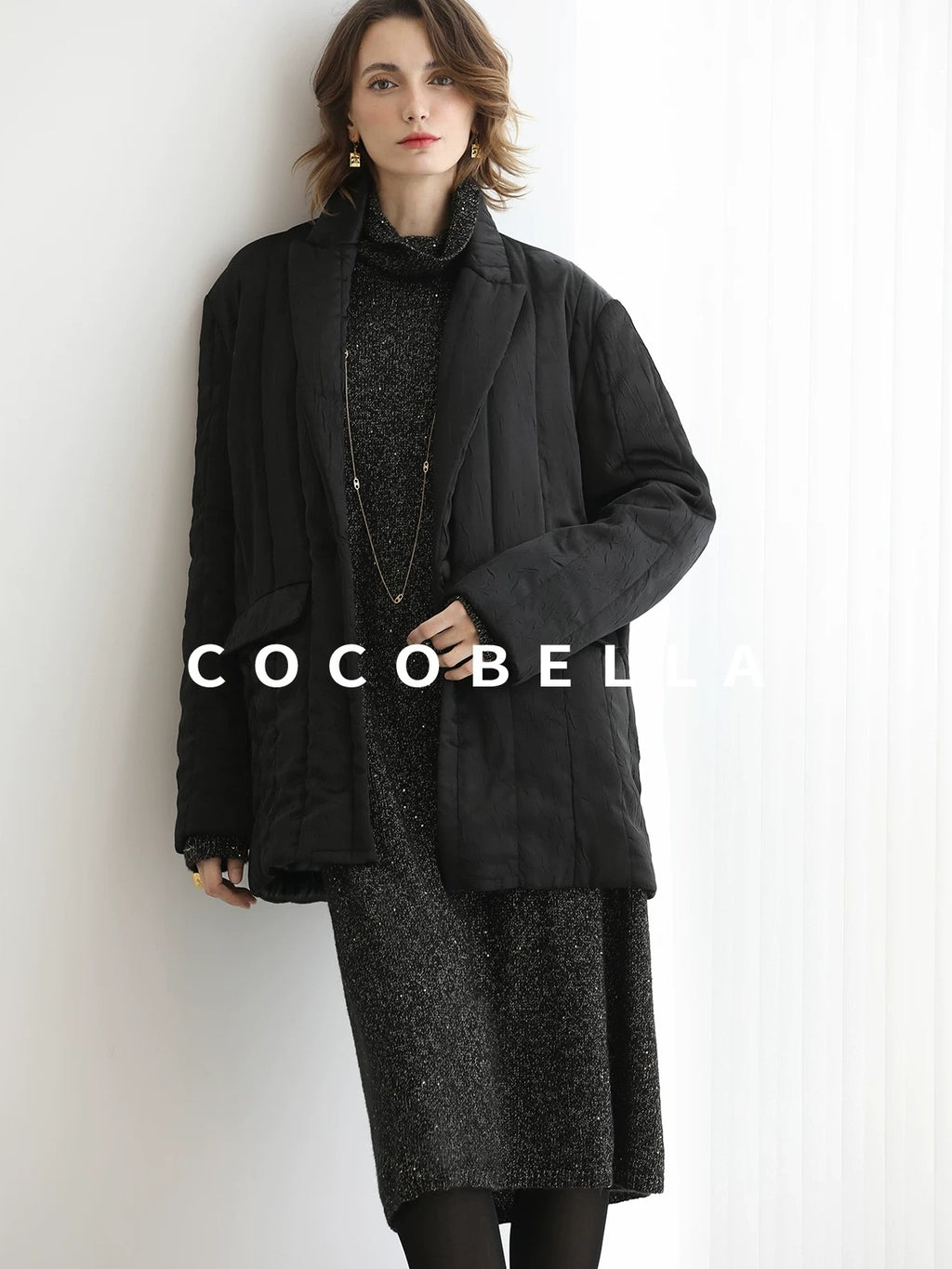 COCOBELLA Shimmer Ribbed High Neck H Line Natural Waist Office Knit Dresses