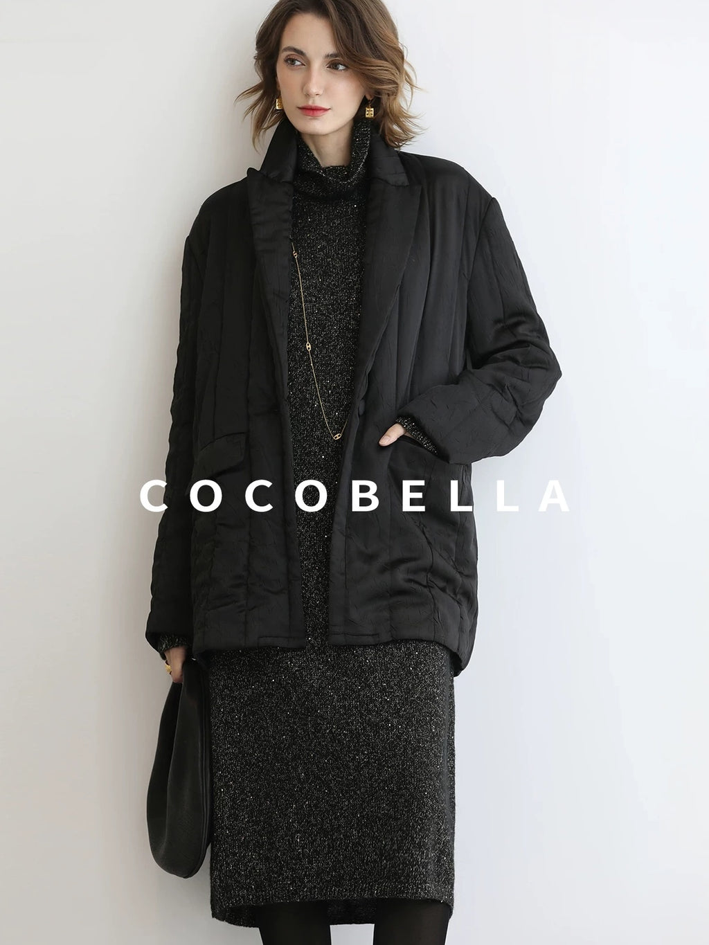 COCOBELLA Shimmer Ribbed High Neck H Line Natural Waist Office Knit Dresses