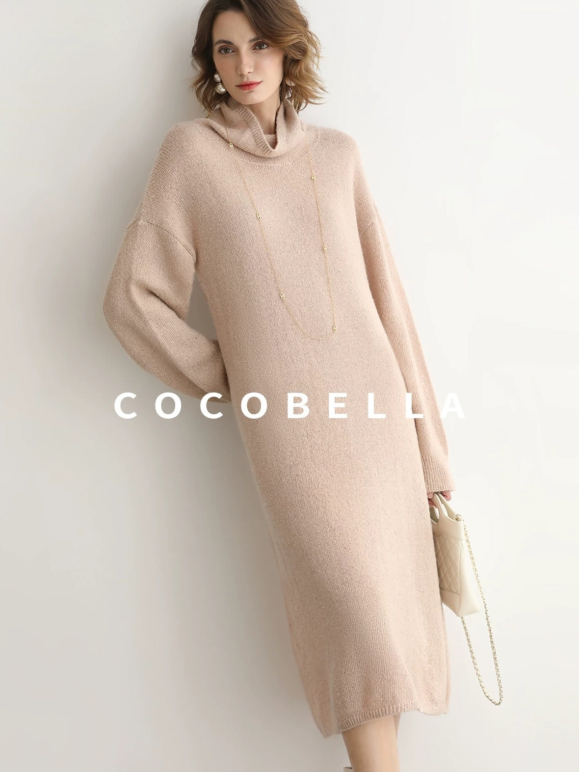 COCOBELLA Shimmer Ribbed High Neck H Line Natural Waist Office Knit Dresses