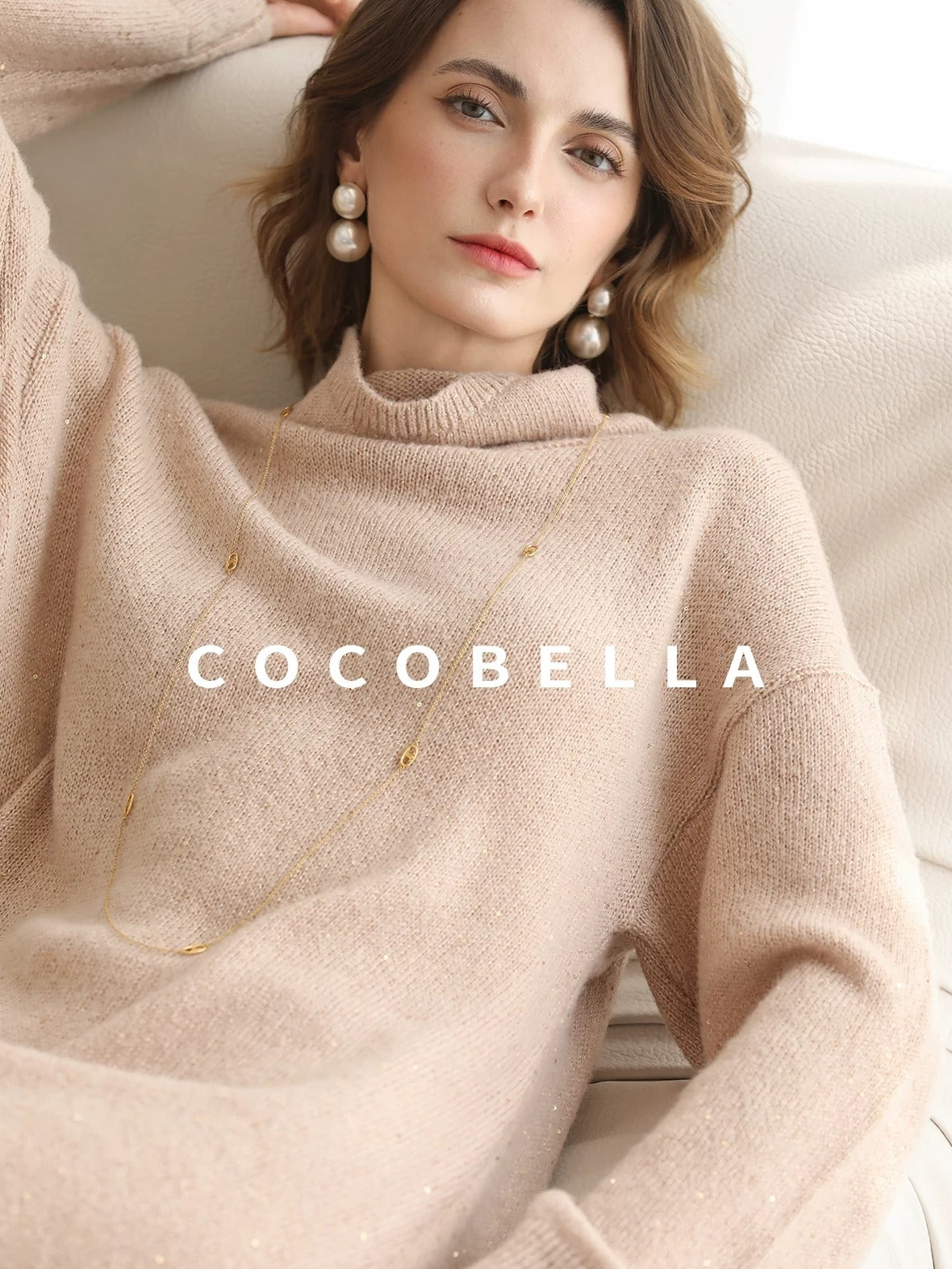 COCOBELLA Shimmer Ribbed High Neck H Line Natural Waist Office Knit Dresses