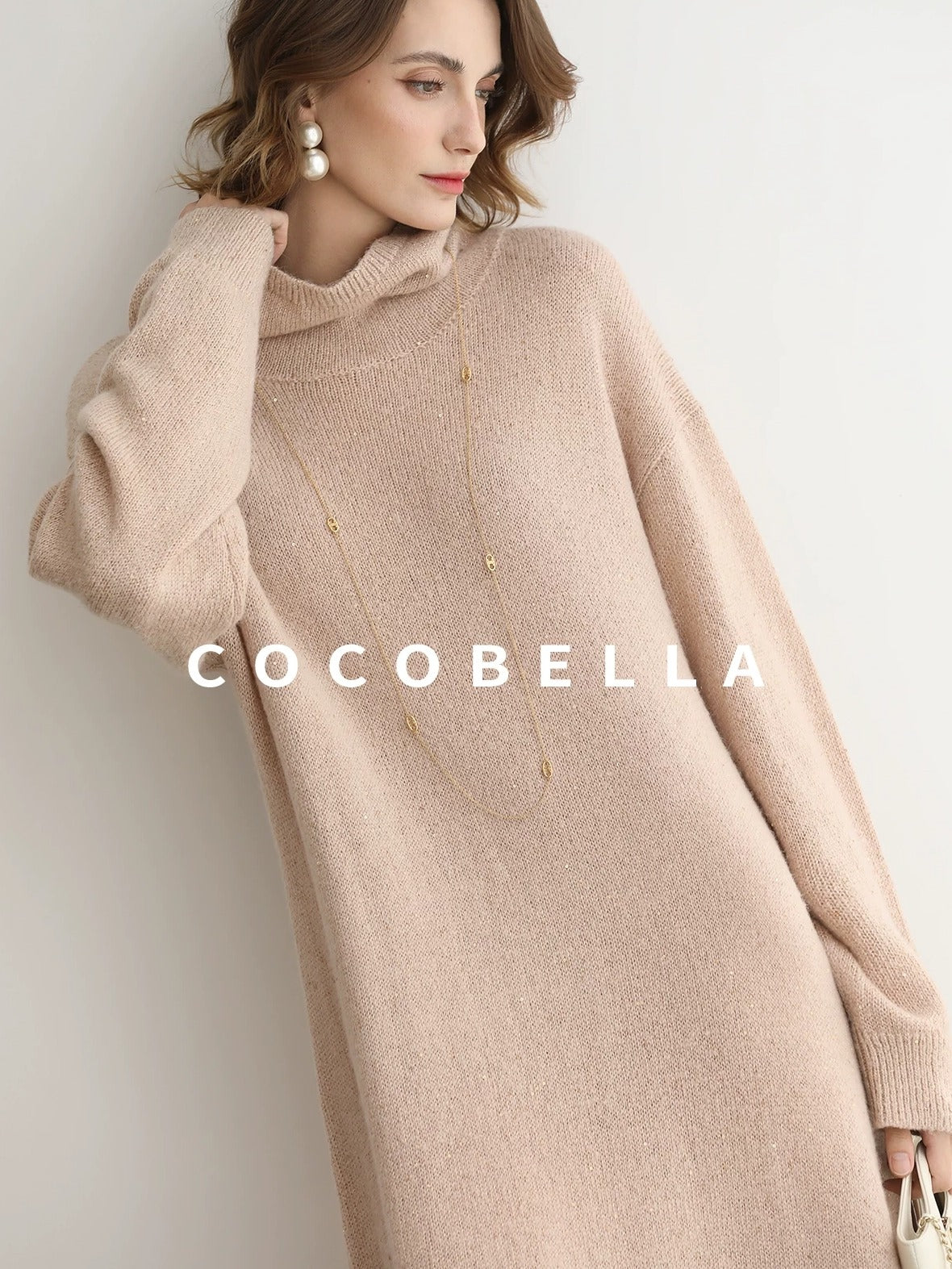 COCOBELLA Shimmer Ribbed High Neck H Line Natural Waist Office Knit Dresses