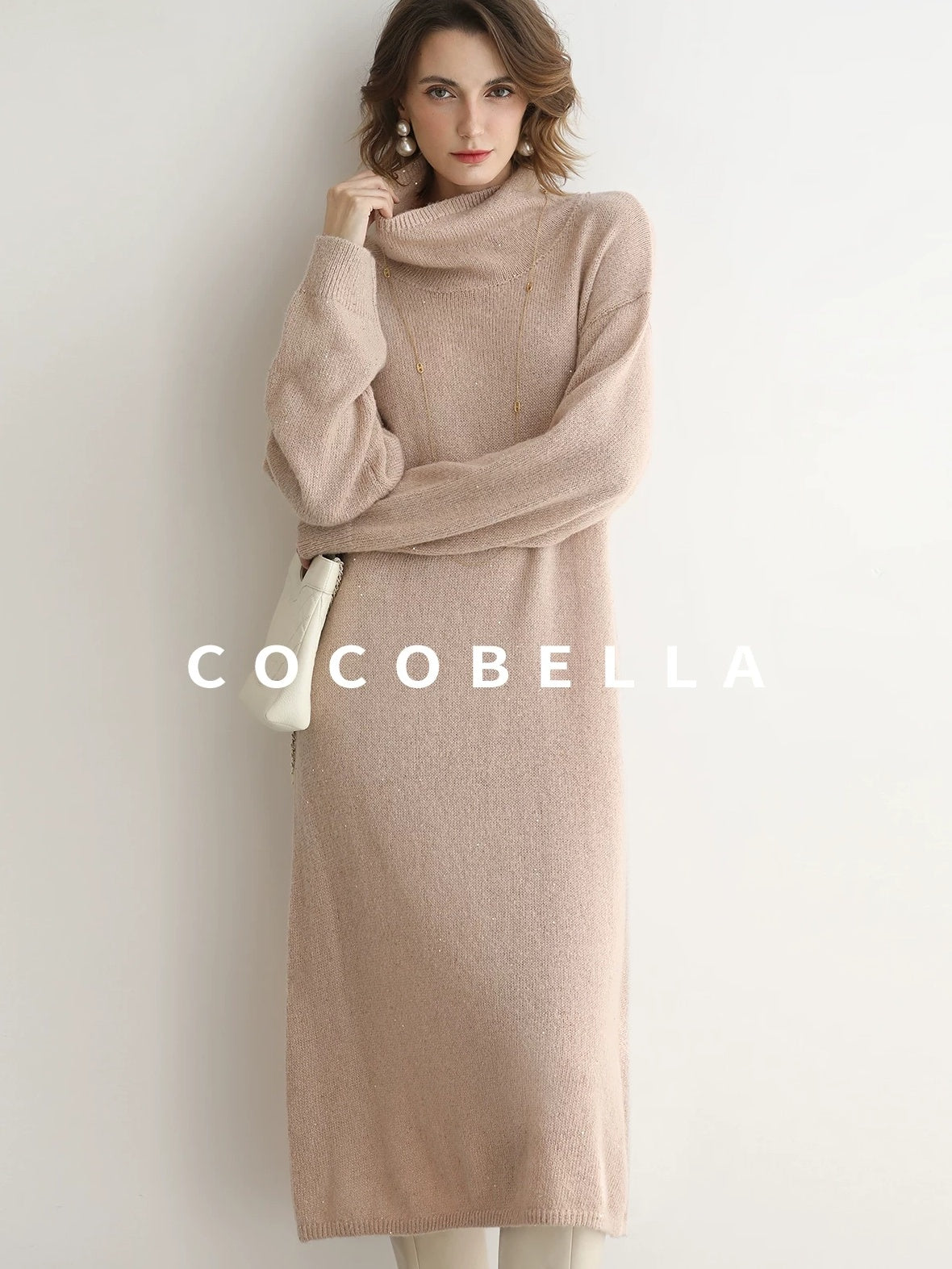 COCOBELLA Shimmer Ribbed High Neck H Line Natural Waist Office Knit Dresses