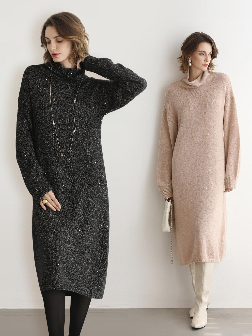 COCOBELLA Shimmer Ribbed High Neck H Line Natural Waist Office Knit Dresses