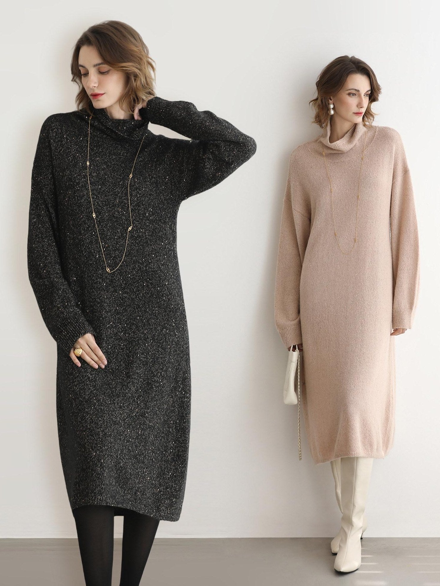 COCOBELLA Shimmer Ribbed High Neck H Line Natural Waist Office Knit Dresses