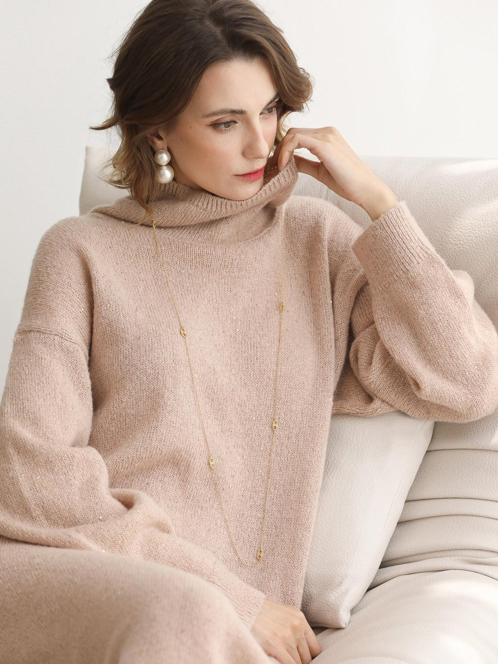 COCOBELLA Shimmer Ribbed High Neck H Line Natural Waist Office Knit Dresses