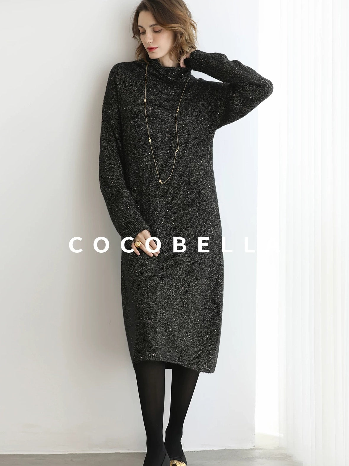 COCOBELLA Shimmer Ribbed High Neck H Line Natural Waist Office Knit Dresses