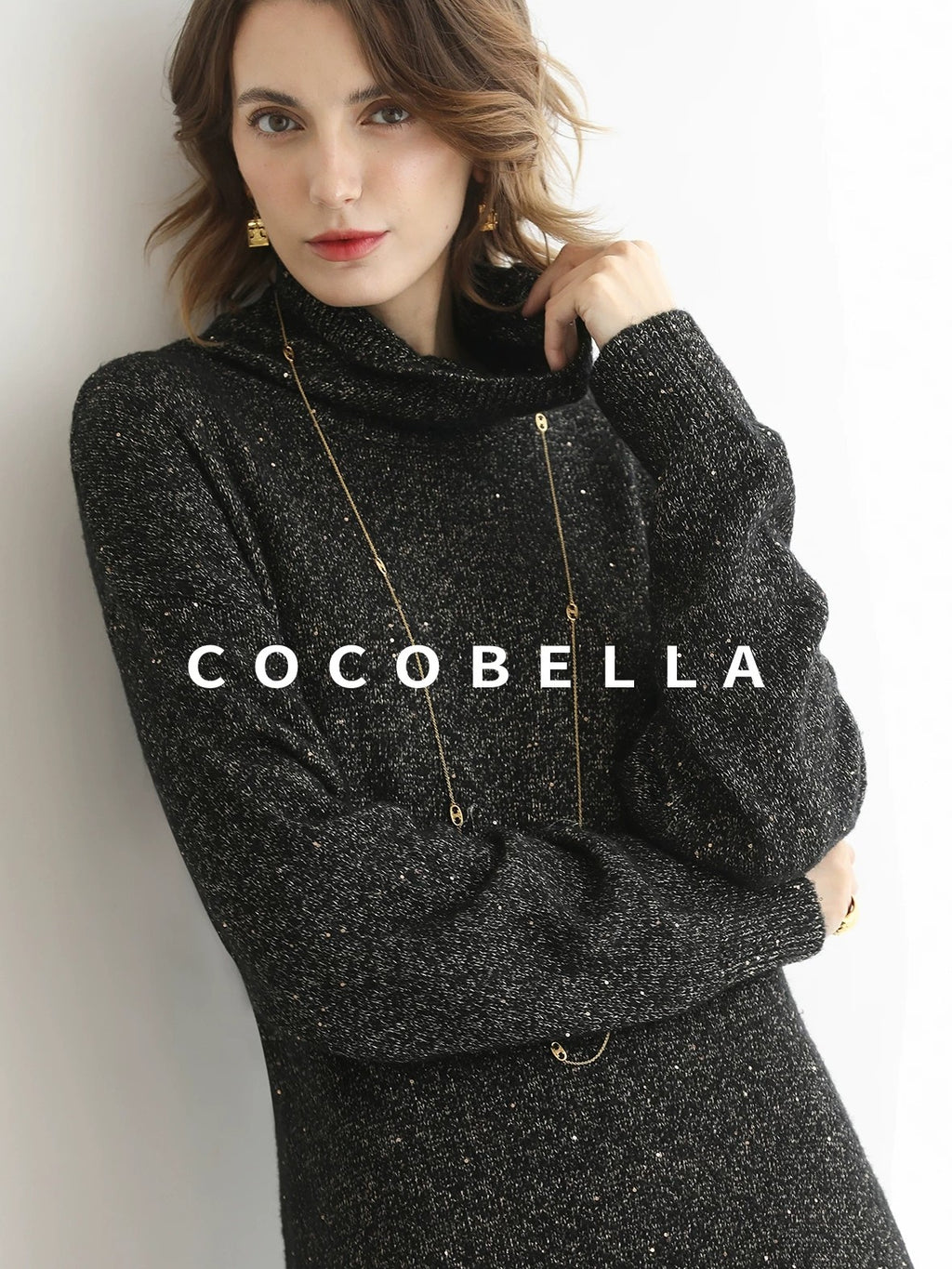 COCOBELLA Shimmer Ribbed High Neck H Line Natural Waist Office Knit Dresses