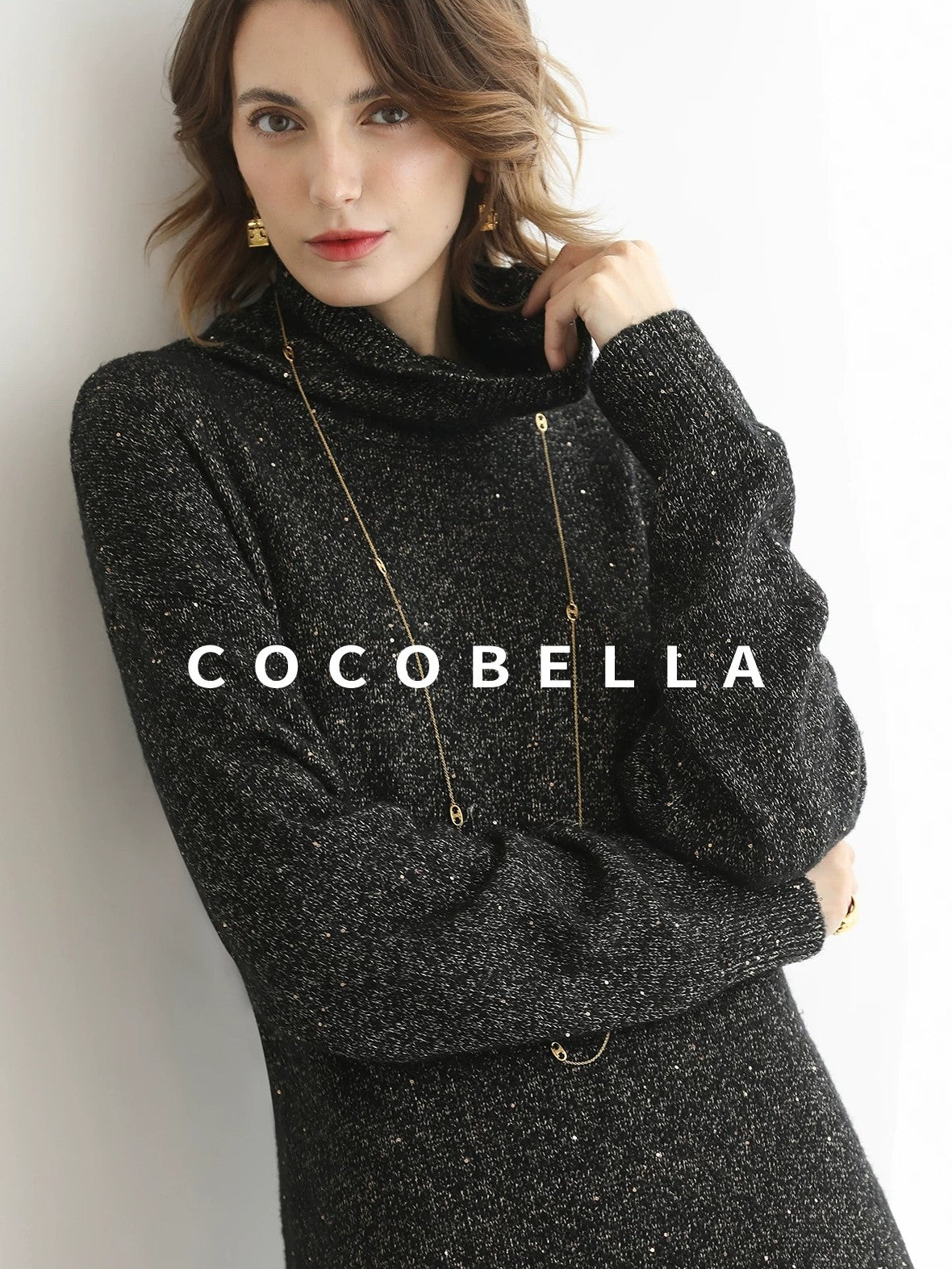 COCOBELLA Shimmer Ribbed High Neck H Line Natural Waist Office Knit Dresses