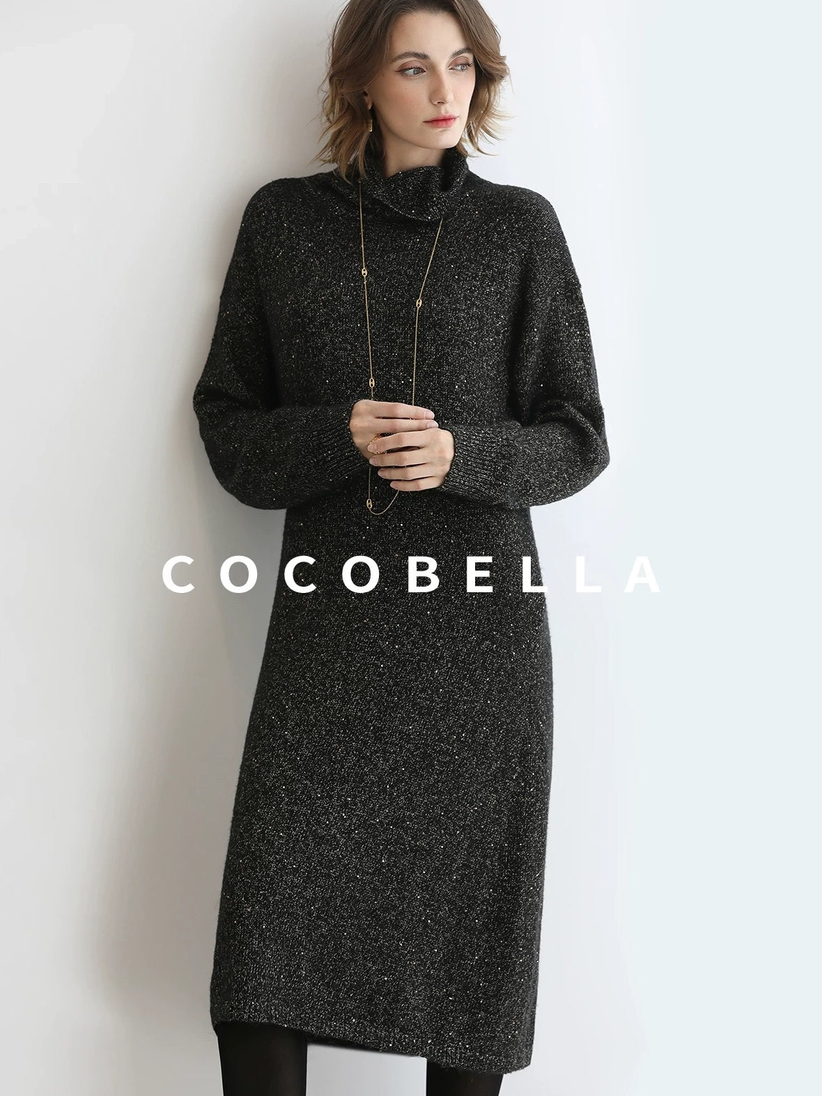 COCOBELLA Shimmer Ribbed High Neck H Line Natural Waist Office Knit Dresses