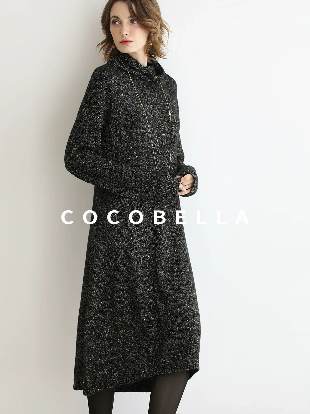 COCOBELLA Shimmer Ribbed High Neck H Line Natural Waist Office Knit Dresses