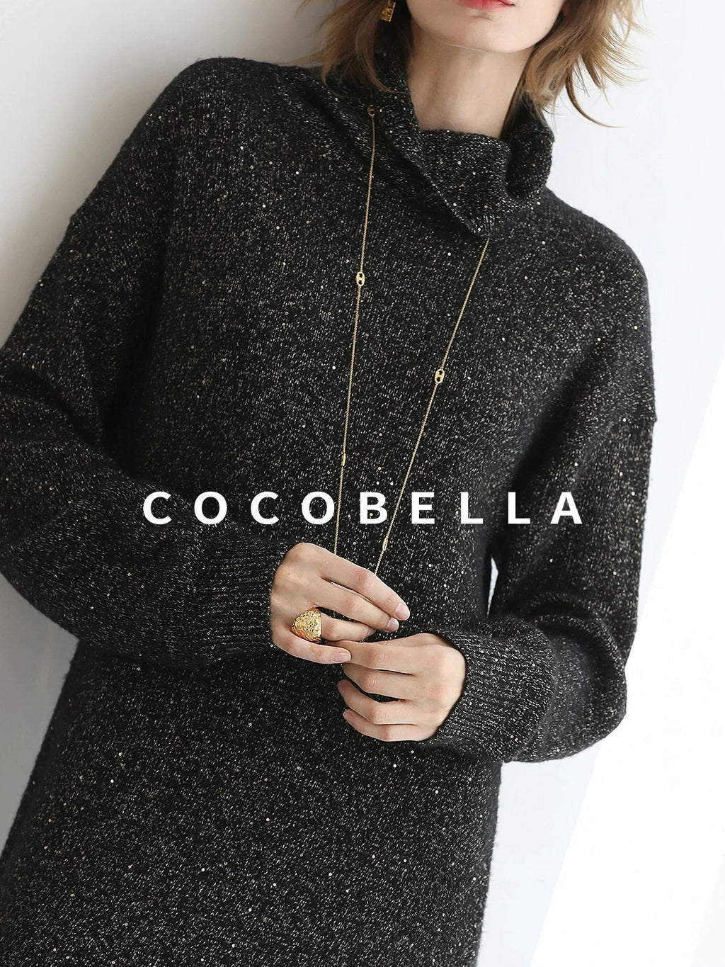 COCOBELLA Shimmer Ribbed High Neck H Line Natural Waist Office Knit Dresses