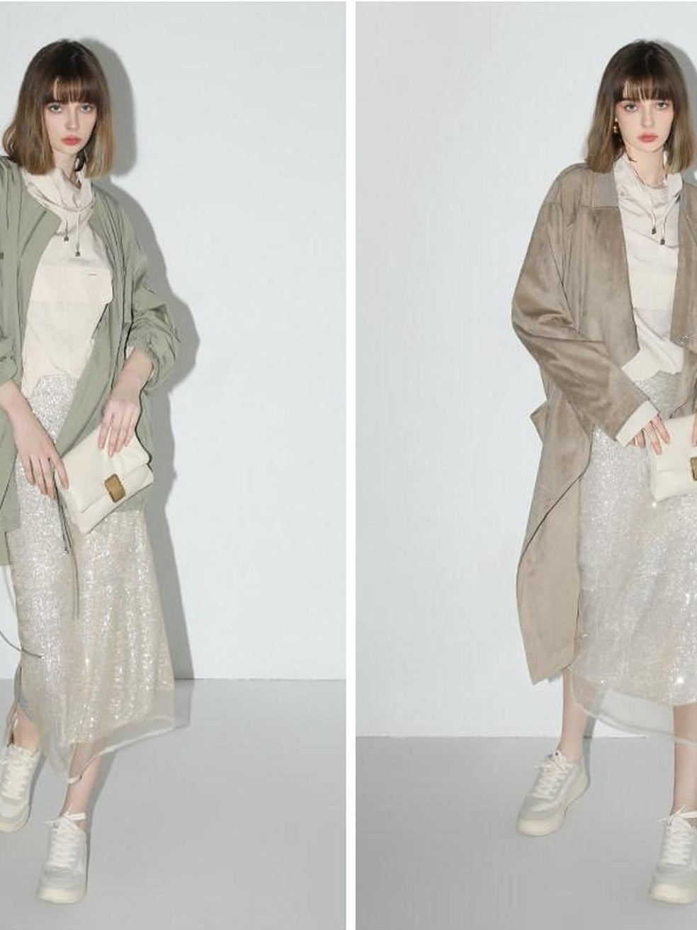 COCOBELLA Shimmer Sequin Mesh Elegant Straight Mid Waist Women Office Beige Skirts