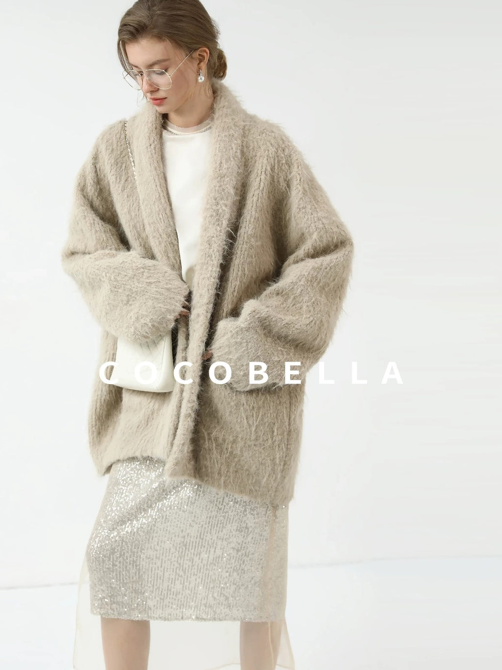 COCOBELLA Shimmer Sequin Mesh Elegant Straight Mid Waist Women Office Beige Skirts