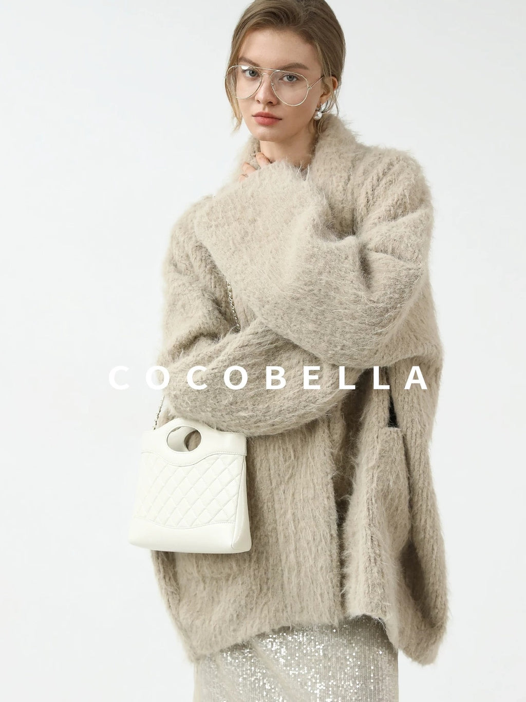 COCOBELLA Shimmer Sequin Mesh Elegant Straight Mid Waist Women Office Beige Skirts