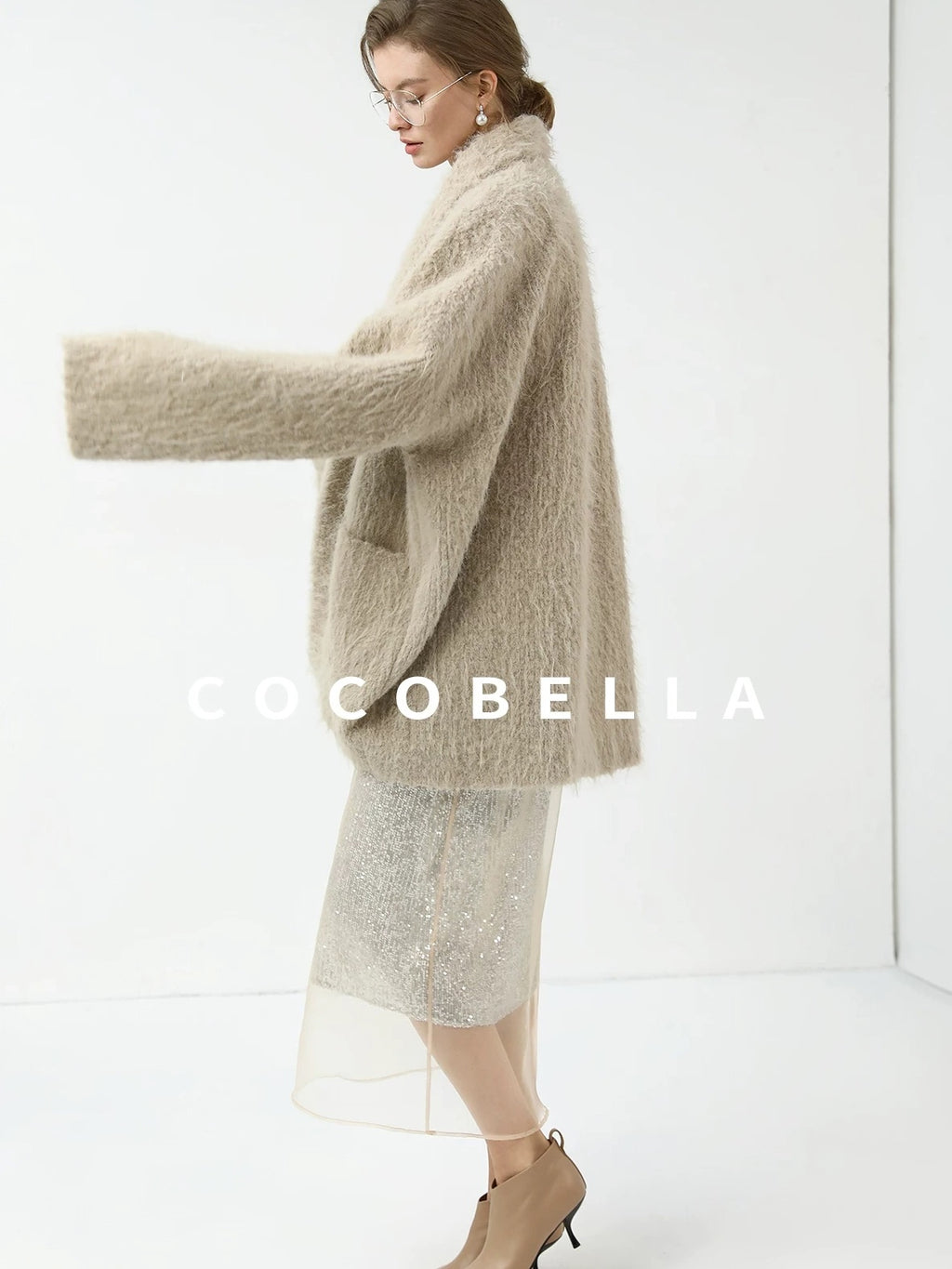 COCOBELLA Shimmer Sequin Mesh Elegant Straight Mid Waist Women Office Beige Skirts