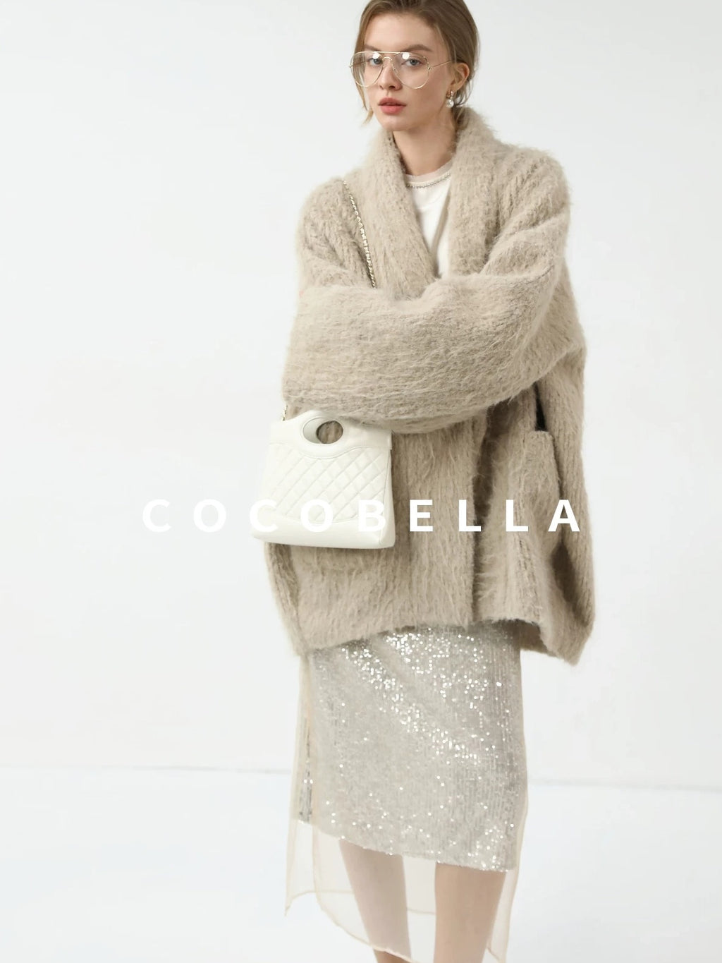 COCOBELLA Shimmer Sequin Mesh Elegant Straight Mid Waist Women Office Beige Skirts