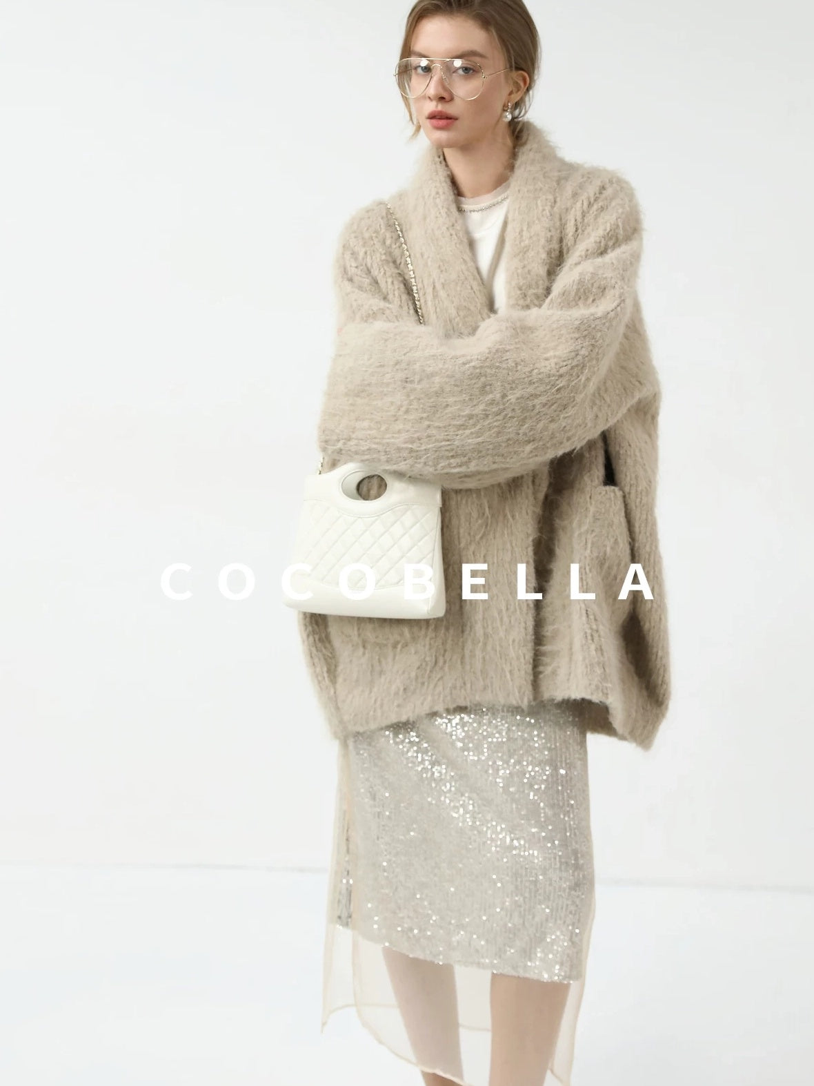 COCOBELLA Shimmer Sequin Mesh Elegant Straight Mid Waist Women Office Beige Skirts