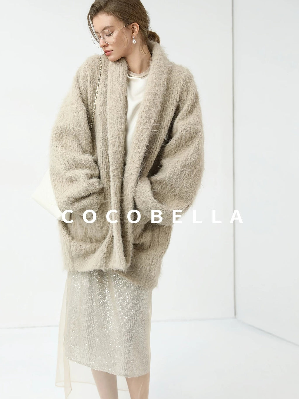 COCOBELLA Shimmer Sequin Mesh Elegant Straight Mid Waist Women Office Beige Skirts