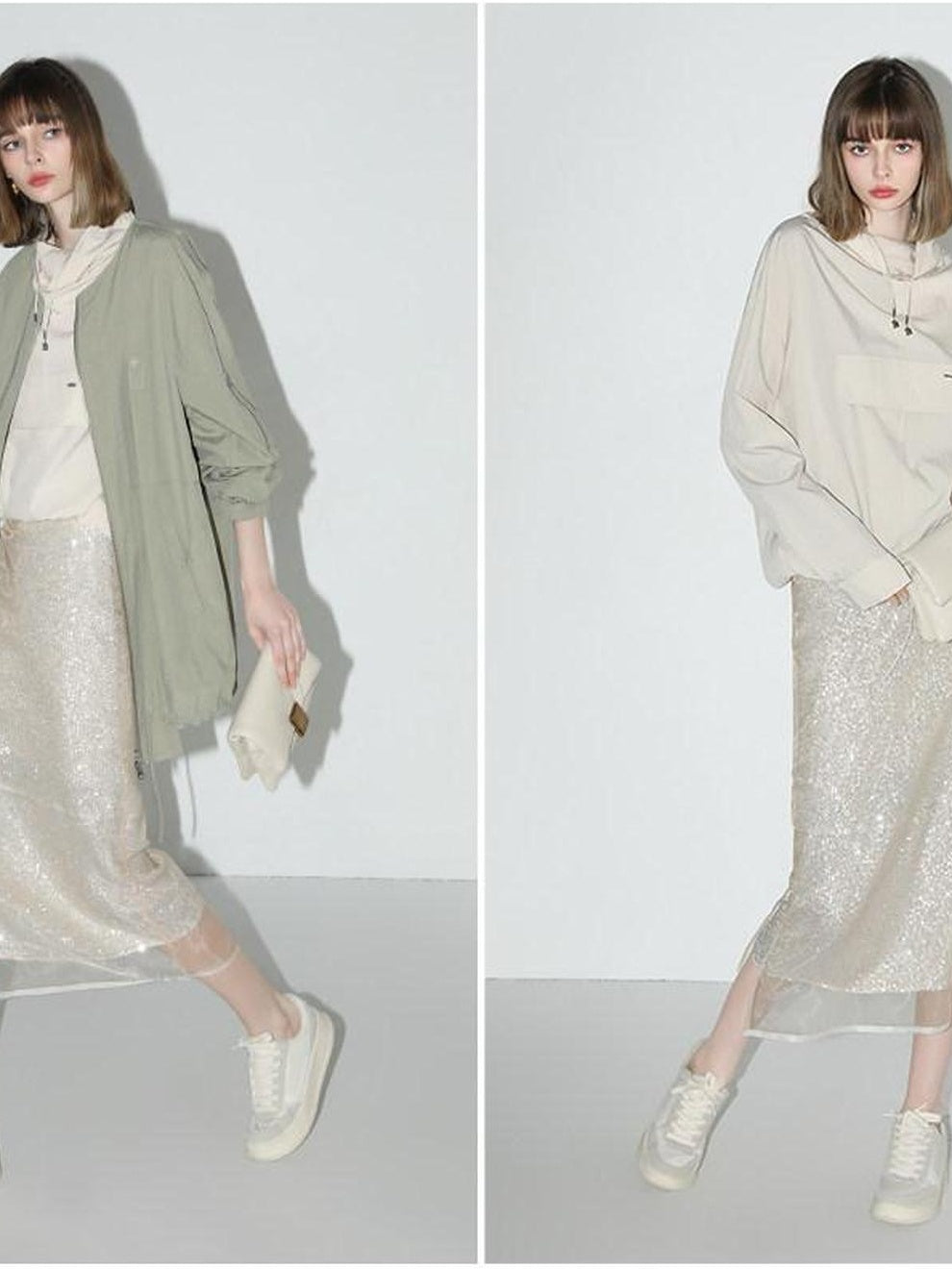 COCOBELLA Shimmer Sequin Mesh Elegant Straight Mid Waist Women Office Beige Skirts