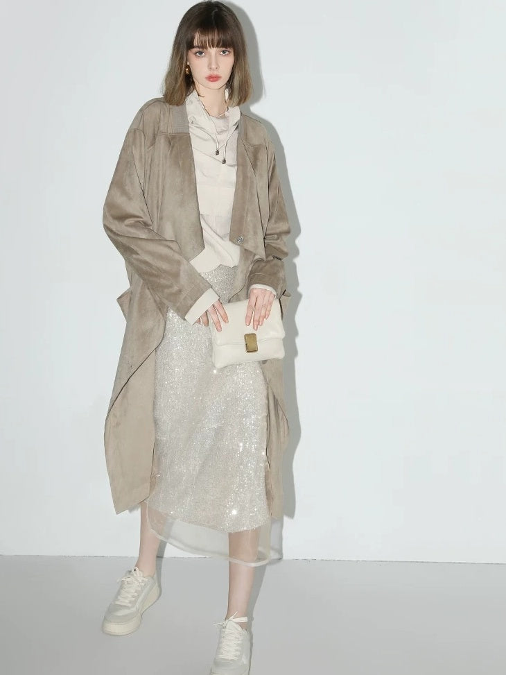 COCOBELLA Shimmer Sequin Mesh Elegant Straight Mid Waist Women Office Beige Skirts