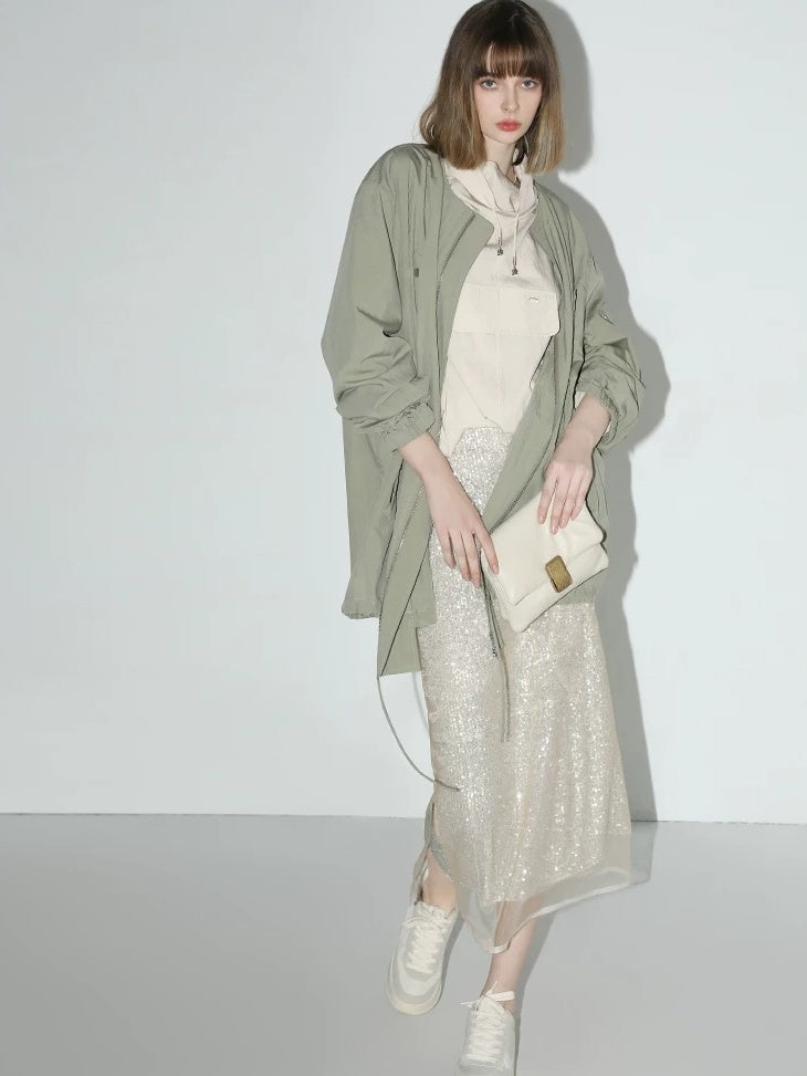 COCOBELLA Shimmer Sequin Mesh Elegant Straight Mid Waist Women Office Beige Skirts