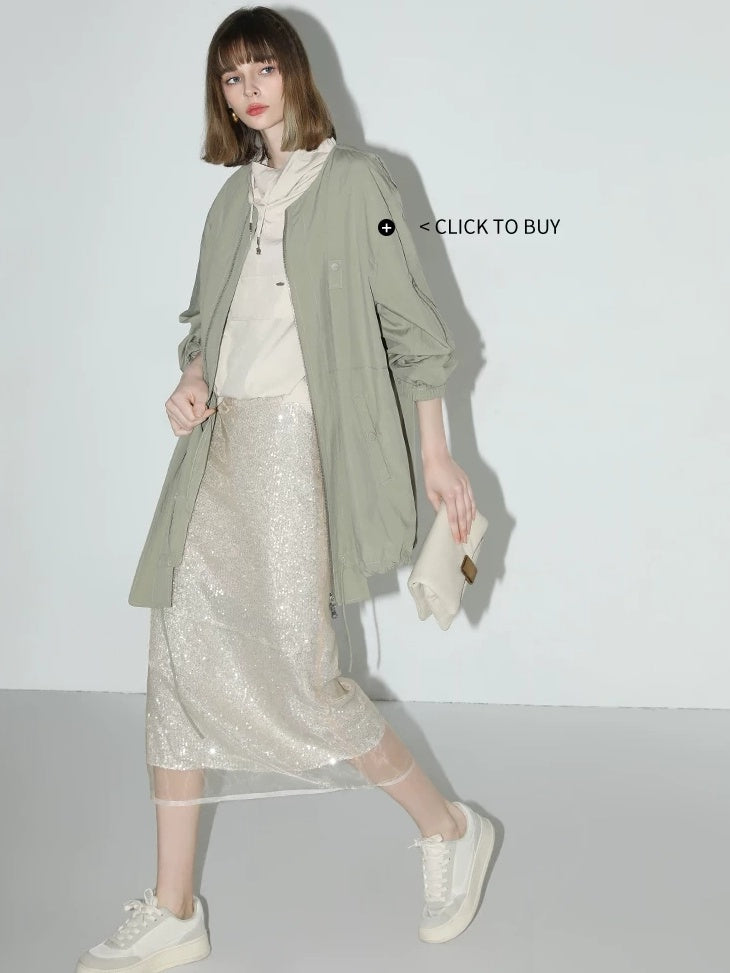 COCOBELLA Shimmer Sequin Mesh Elegant Straight Mid Waist Women Office Beige Skirts